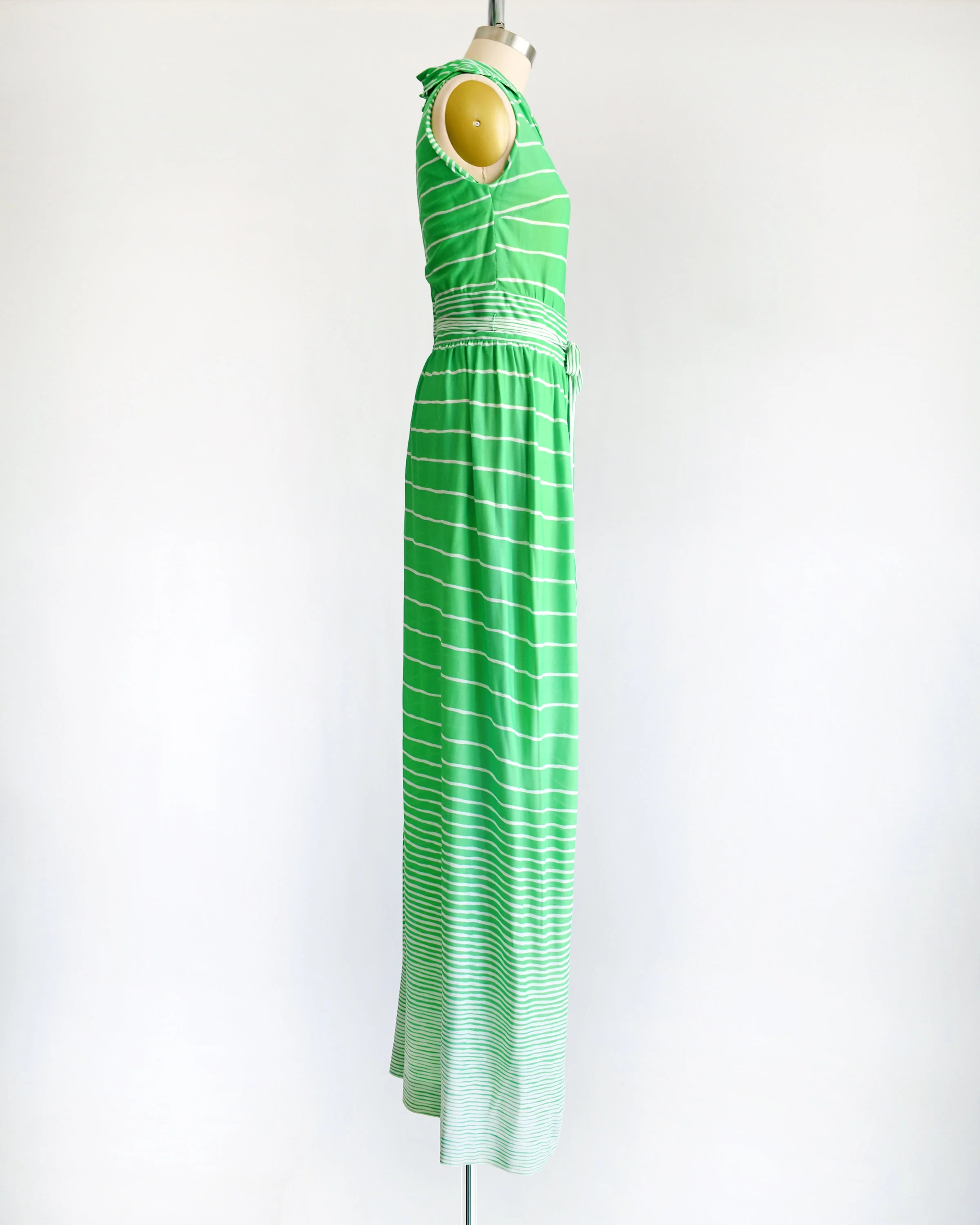 70s Green and White Maxi Dress Vintage 70s Dress, Sleeveless Striped 60s Mod Maxi Dress, Small Medium by R & K Originals - Image 3