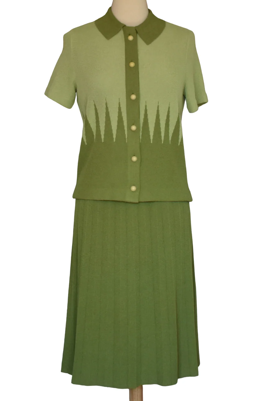 70s Green Cardigan Sweater And Skirt Set Zig Zag By Kimberly Knitwear - Image 5