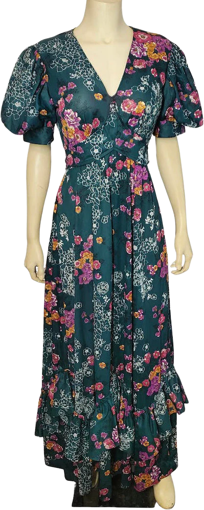 70s Green Floral Gown With Waist Ties And Ruffle Skirt