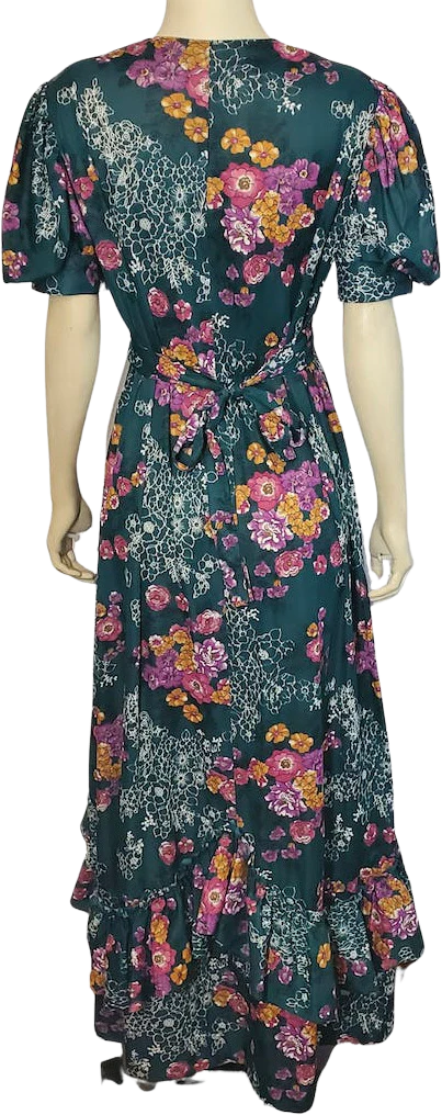 70s Green Floral Gown With Waist Ties And Ruffle Skirt - Image 2