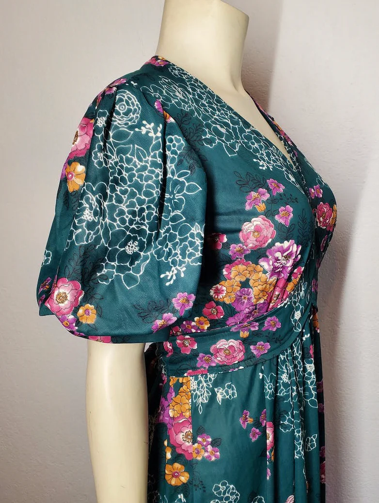 70s Green Floral Gown With Waist Ties And Ruffle Skirt - Image 6