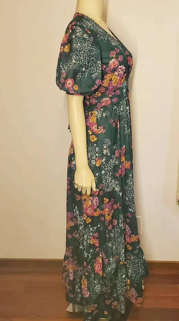 70s Green Floral Gown With Waist Ties And Ruffle Skirt - Image 7