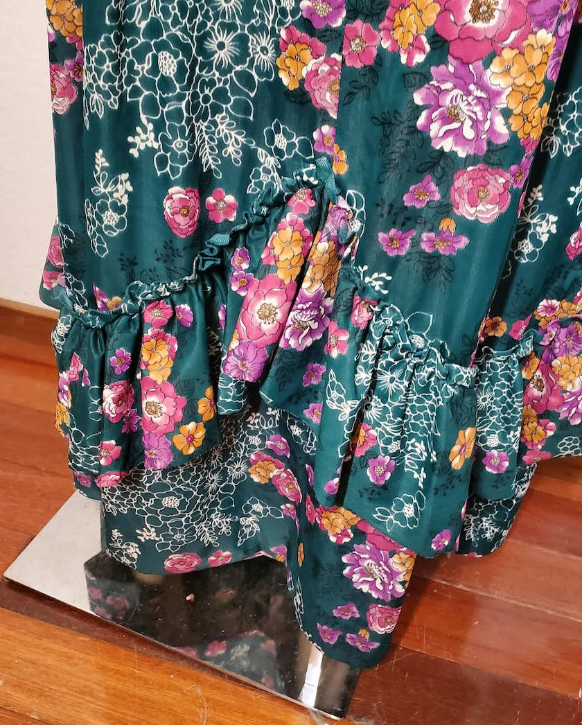 70s Green Floral Gown With Waist Ties And Ruffle Skirt - Image 8