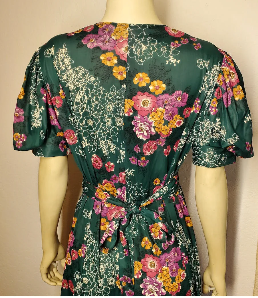 70s Green Floral Gown With Waist Ties And Ruffle Skirt - Image 9