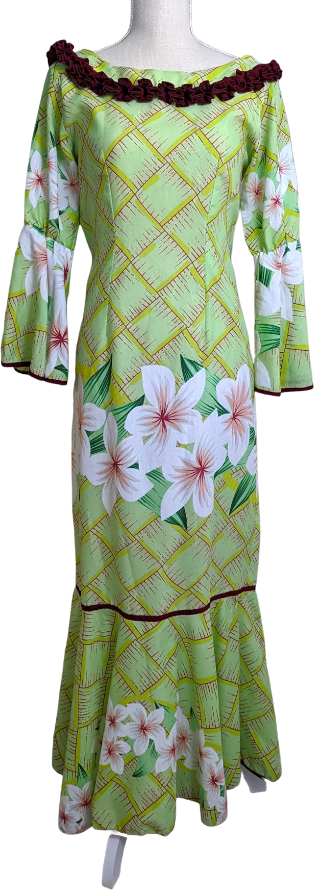 70s "green In Hawaii" Hawaiian Dress Muumuu with Crimson Red Ruffles Trim, Tropical Hibiscus Flowers and Bell Sleeves