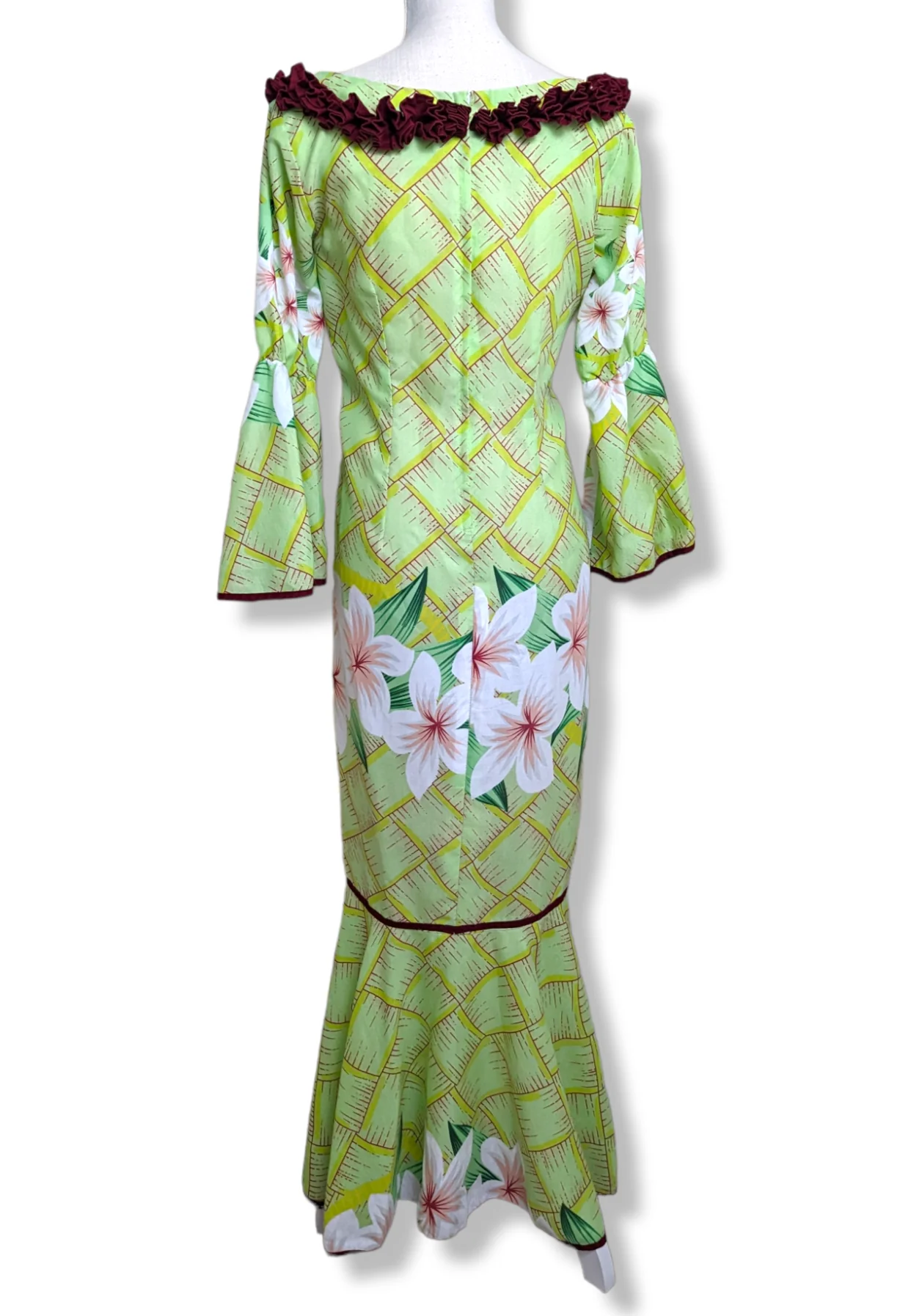 70s "green In Hawaii" Hawaiian Dress Muumuu with Crimson Red Ruffles Trim, Tropical Hibiscus Flowers and Bell Sleeves - Image 2