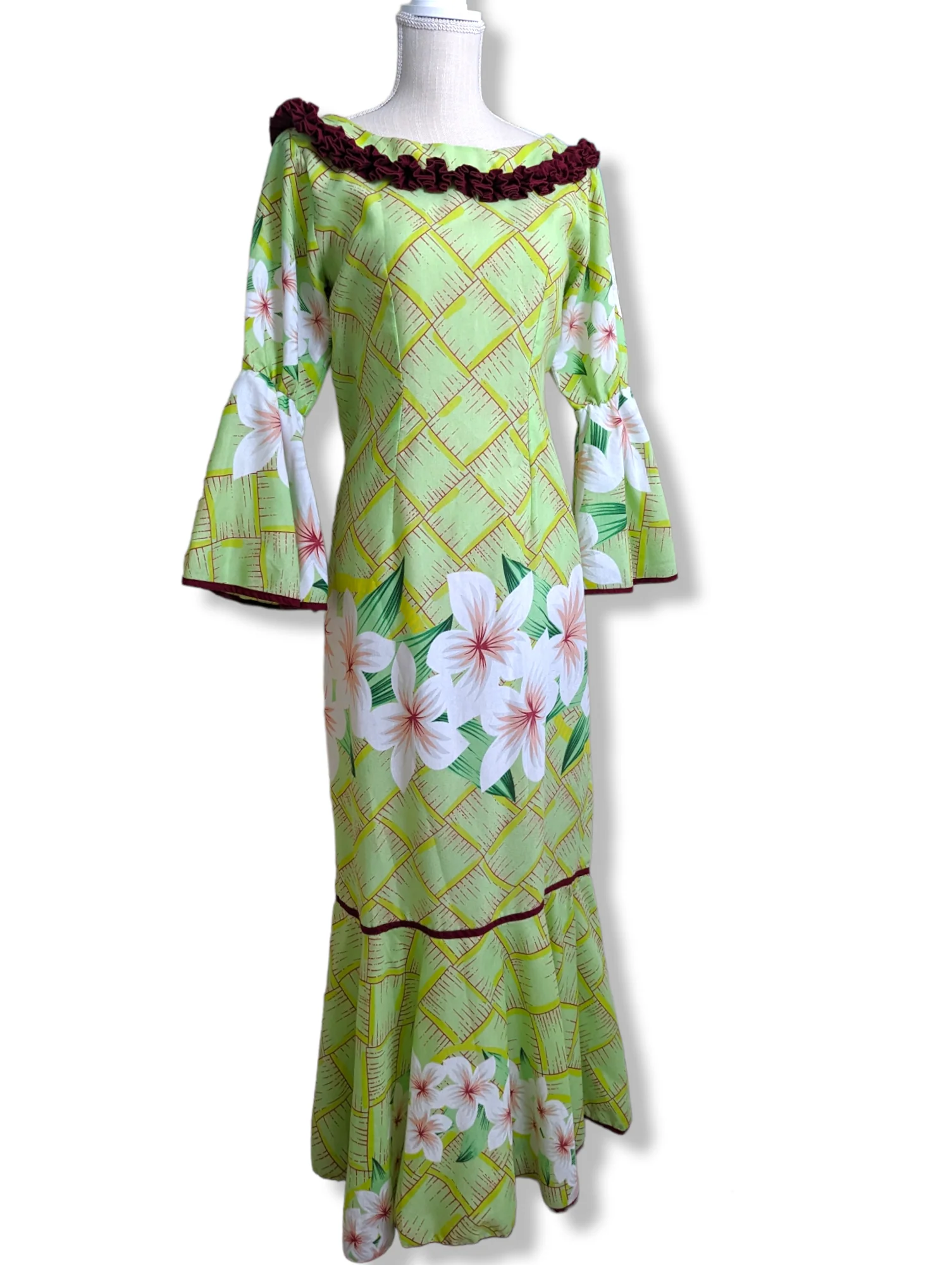 70s "green In Hawaii" Hawaiian Dress Muumuu with Crimson Red Ruffles Trim, Tropical Hibiscus Flowers and Bell Sleeves - Image 3