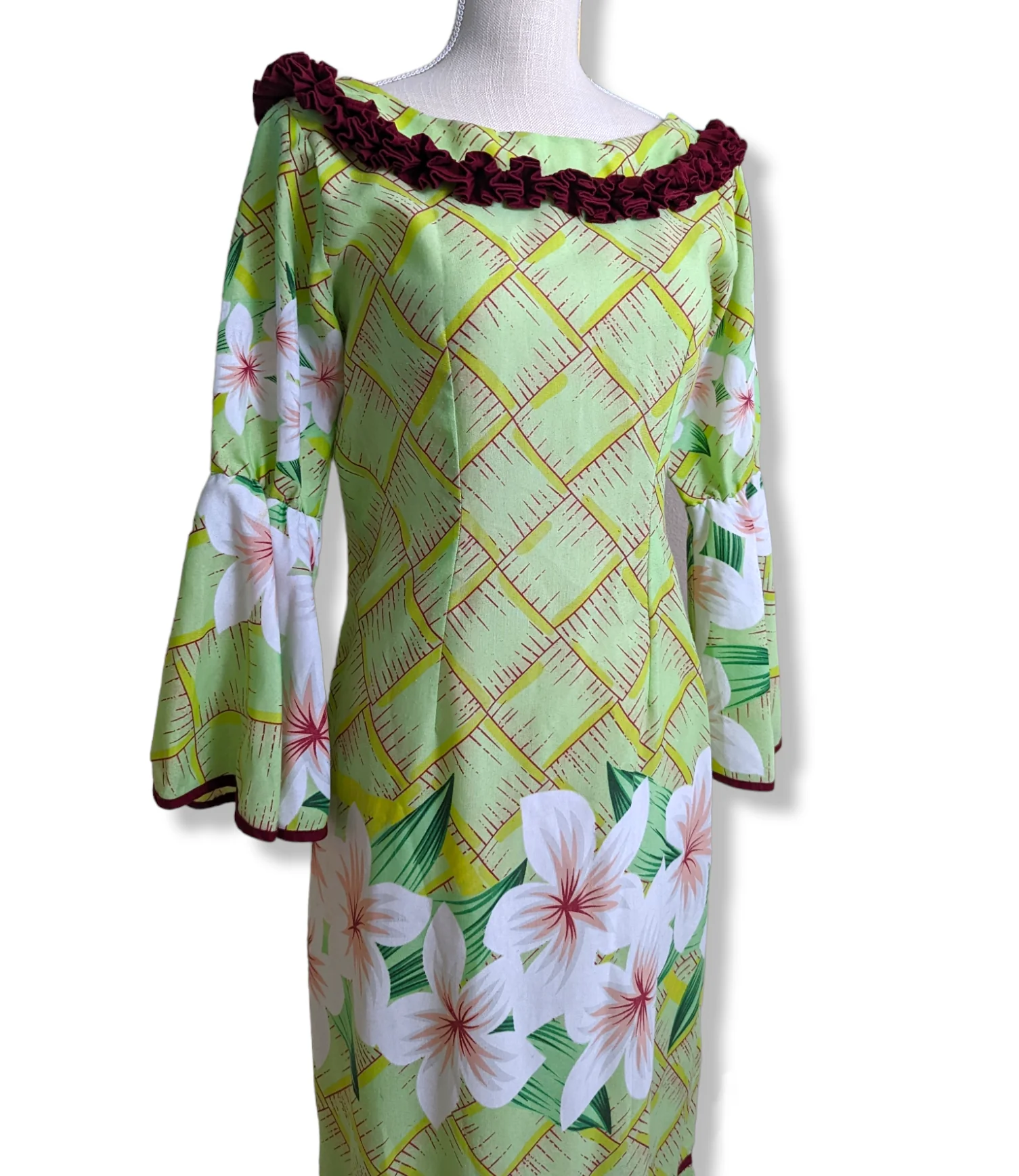 70s "green In Hawaii" Hawaiian Dress Muumuu with Crimson Red Ruffles Trim, Tropical Hibiscus Flowers and Bell Sleeves - Image 4
