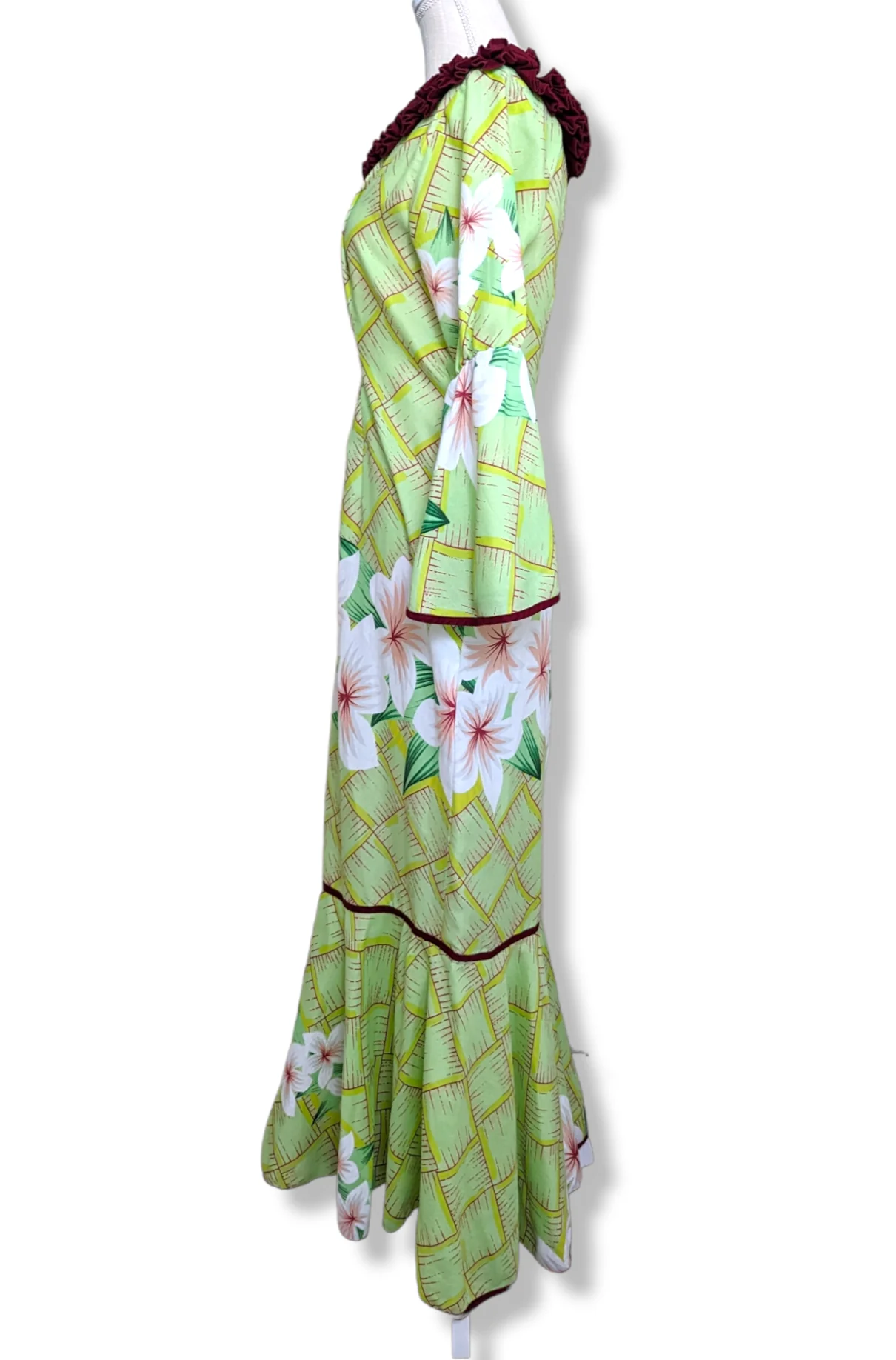70s "green In Hawaii" Hawaiian Dress Muumuu with Crimson Red Ruffles Trim, Tropical Hibiscus Flowers and Bell Sleeves - Image 5