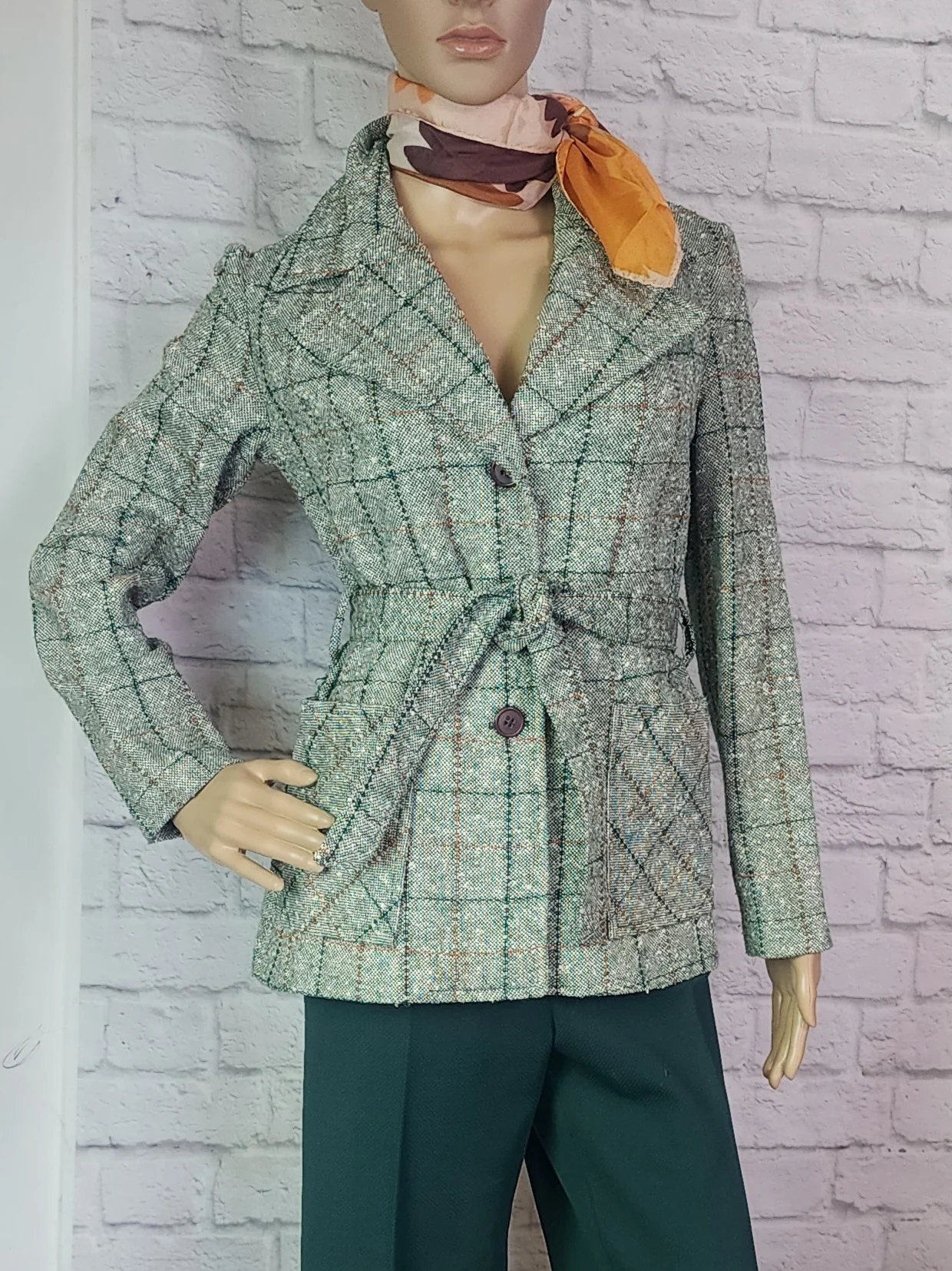 70s Green Orange White Plaid Belted Blazer Jacket - Image 3