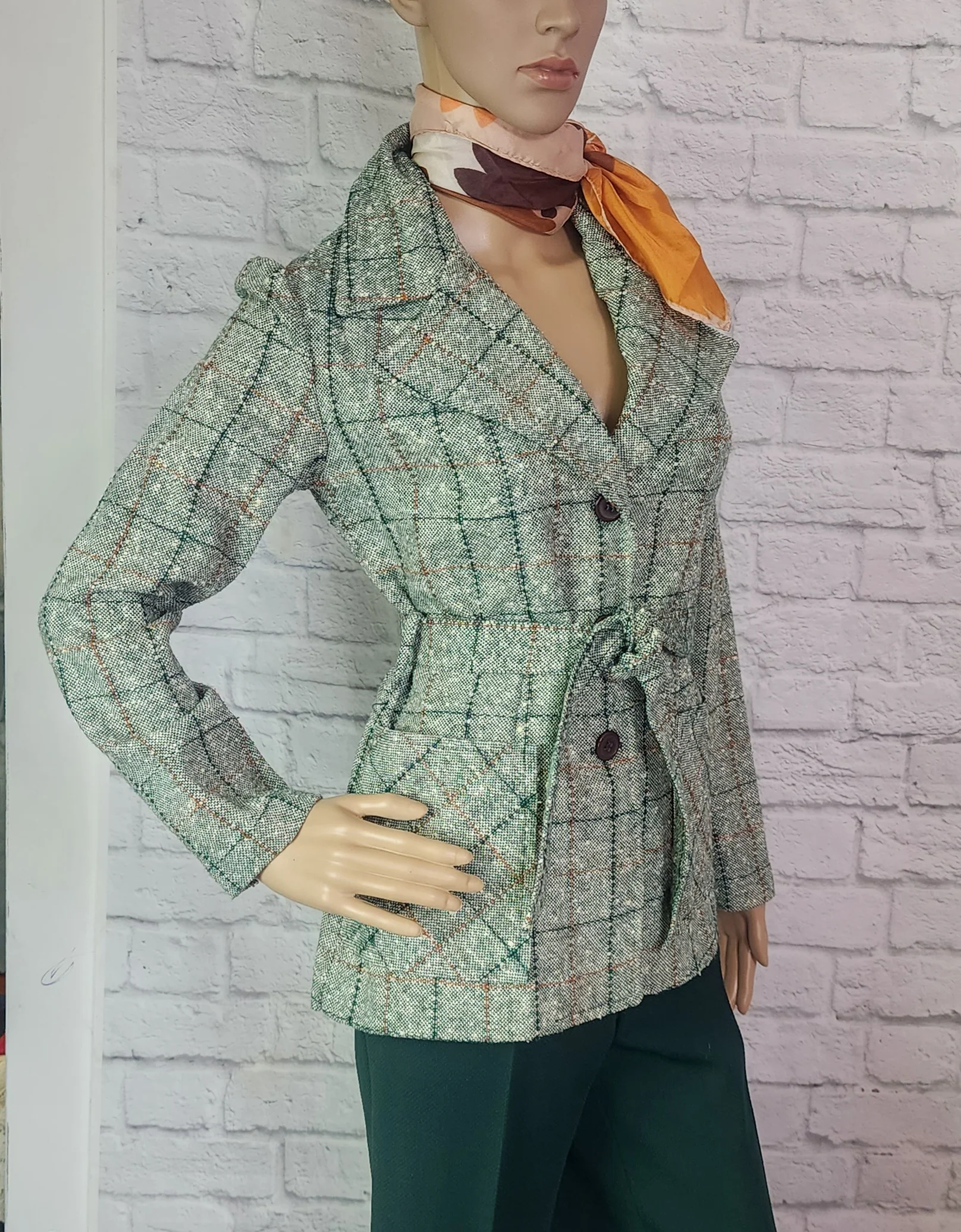 70s Green Orange White Plaid Belted Blazer Jacket - Image 4