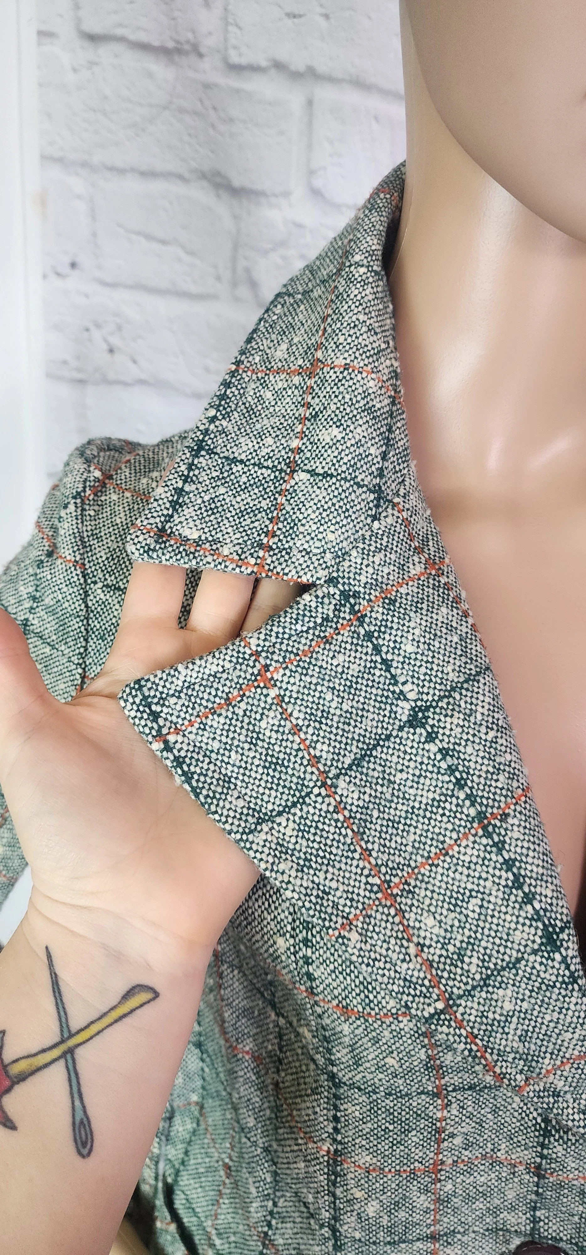 70s Green Orange White Plaid Belted Blazer Jacket - Image 5