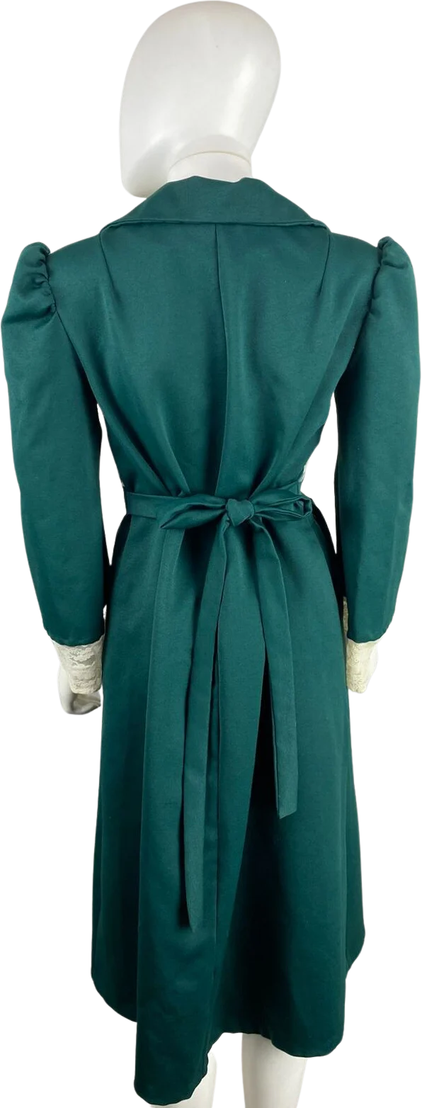 70s Green Puff Sleeve Lace Bust Dagger Collar Dress - Image 2