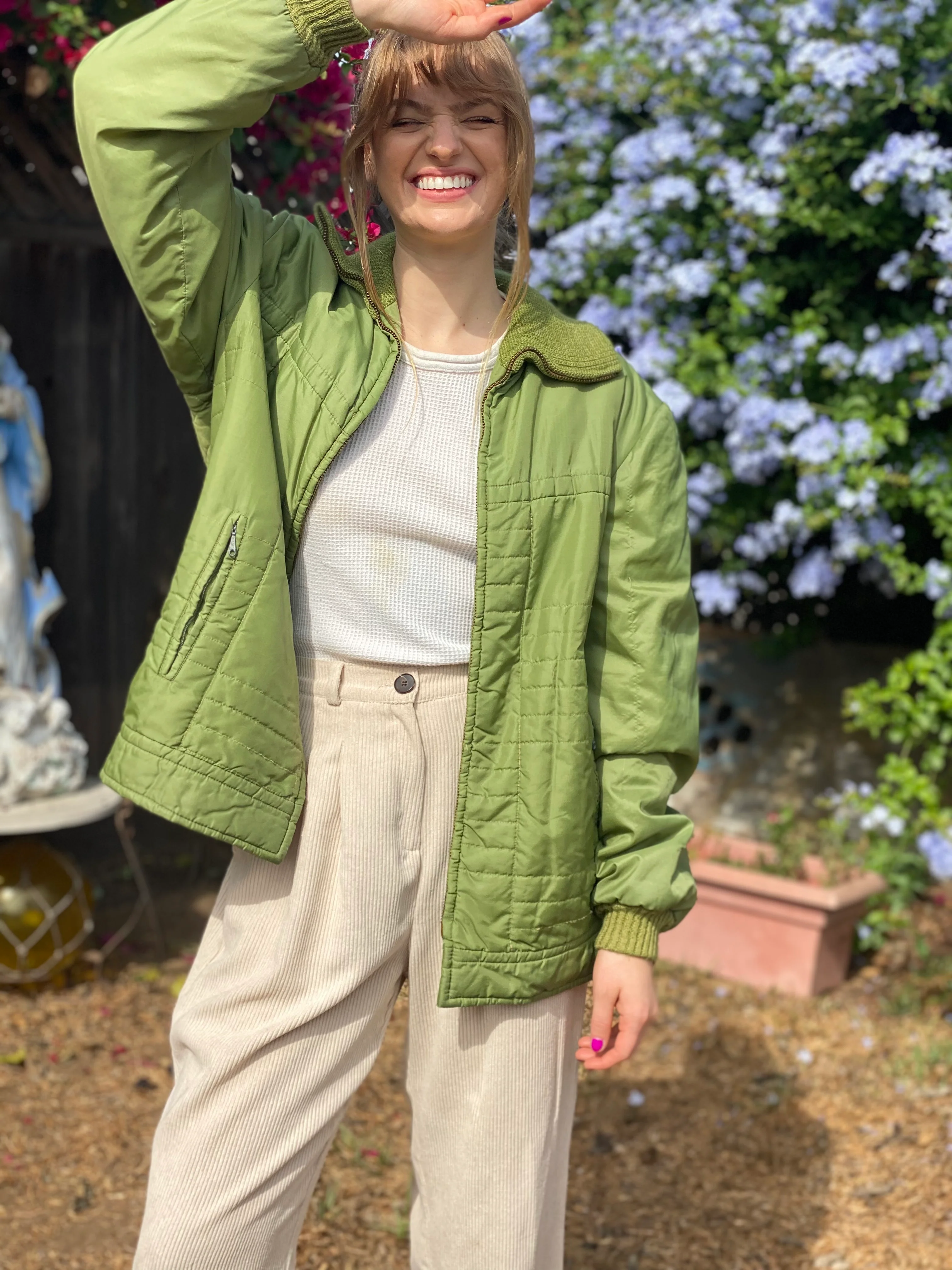70s Green Satin Quilt Stitched Bomber Knit Trim Large By Hall American Sportswear - Image 10
