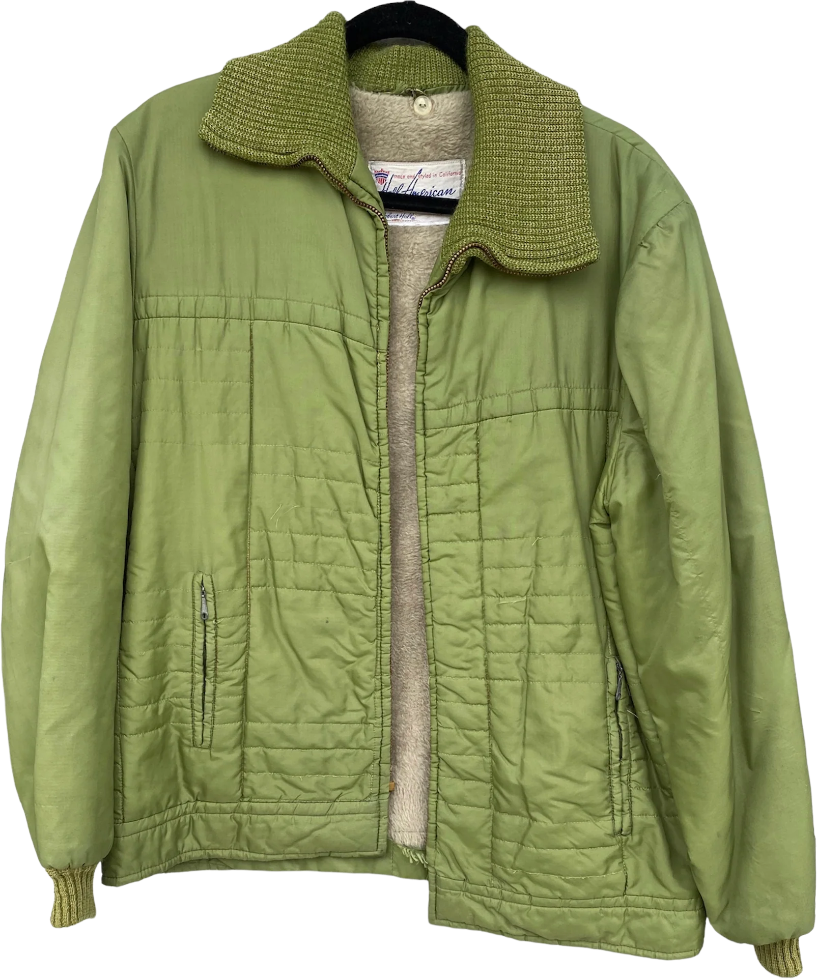 70s Green Satin Quilt Stitched Bomber Knit Trim Large By Hall American Sportswear - Image 3