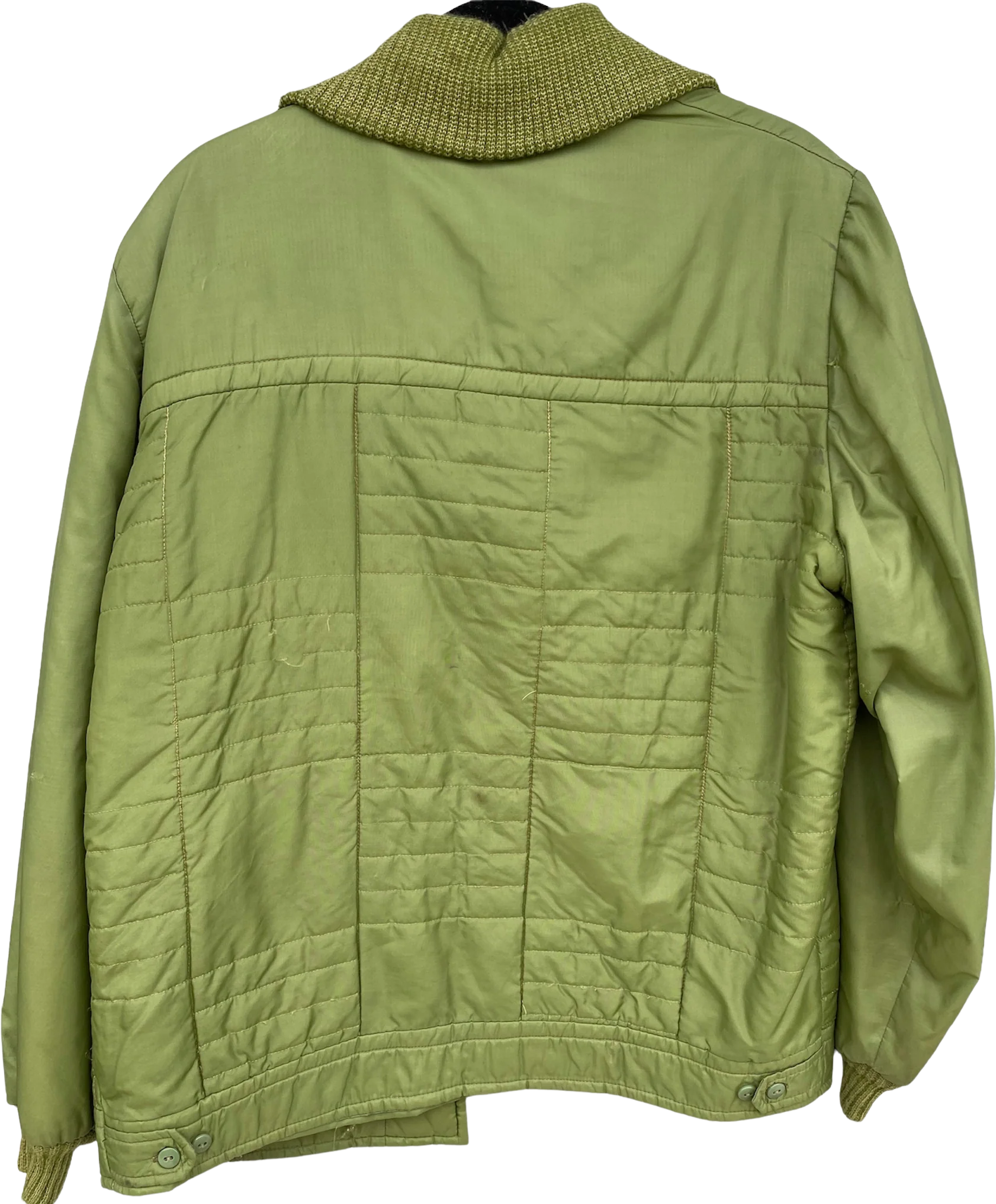 70s Green Satin Quilt Stitched Bomber Knit Trim Large By Hall American Sportswear - Image 4