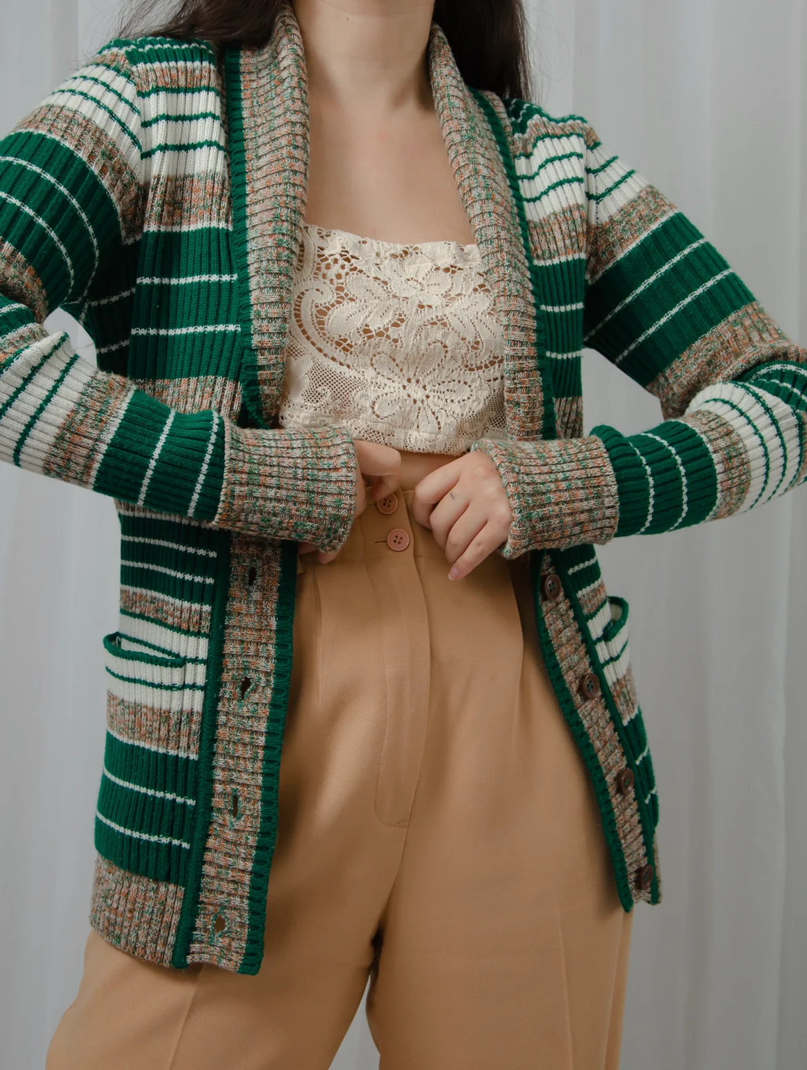 70s Green Stripe Shawl Cardigan - Image 3