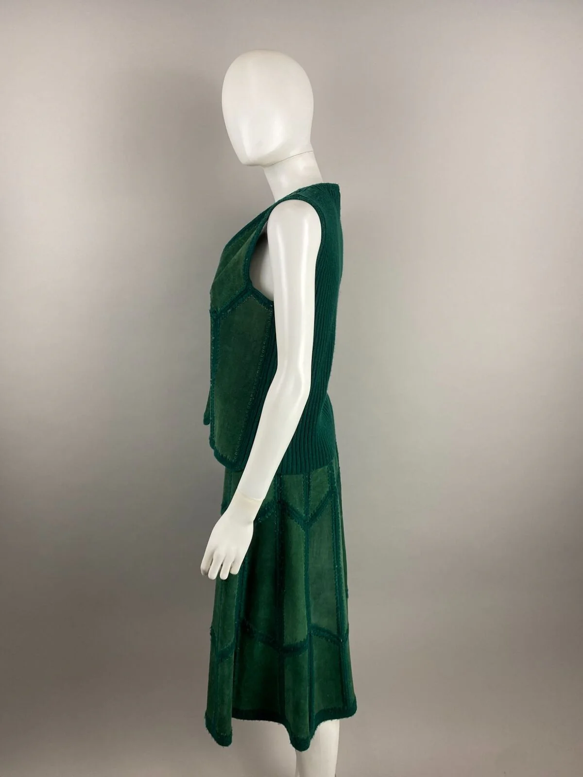 70s Green Suede Leather Skirt Vest Patchwork Crochet by Ms Today - Image 3