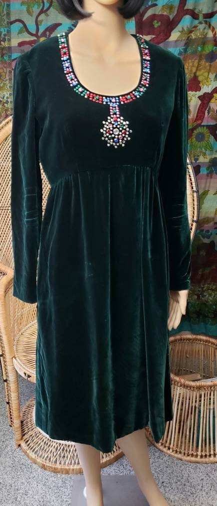 70s Green Velvet Dress with Gems Md by Designer Kiki Hart - Image 2