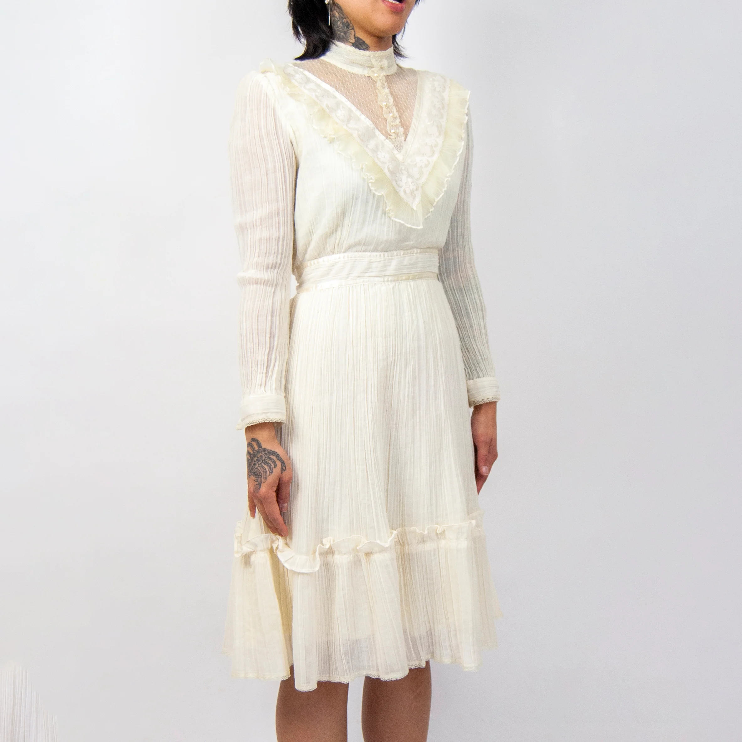 70s Gunne Sax Cream Victorian Style Mini Dress By Gunne Sax - Image 3