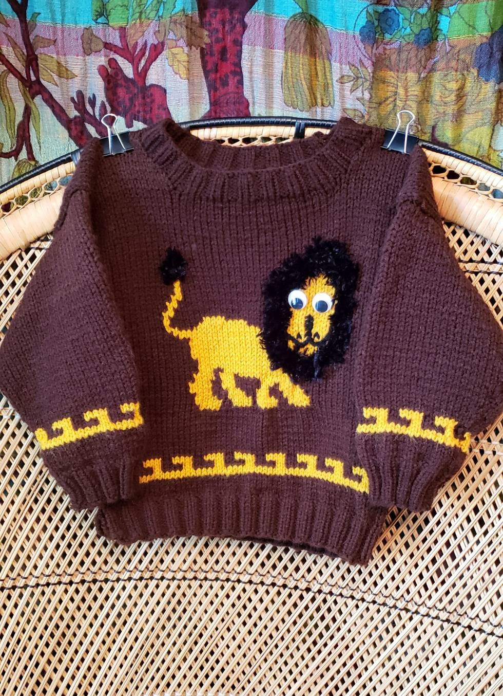 70s Hand Knit Lion Sweater with Googly Eyes Kids Lg - Image 2