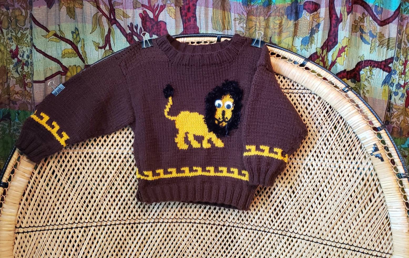 70s Hand Knit Lion Sweater with Googly Eyes Kids Lg - Image 3
