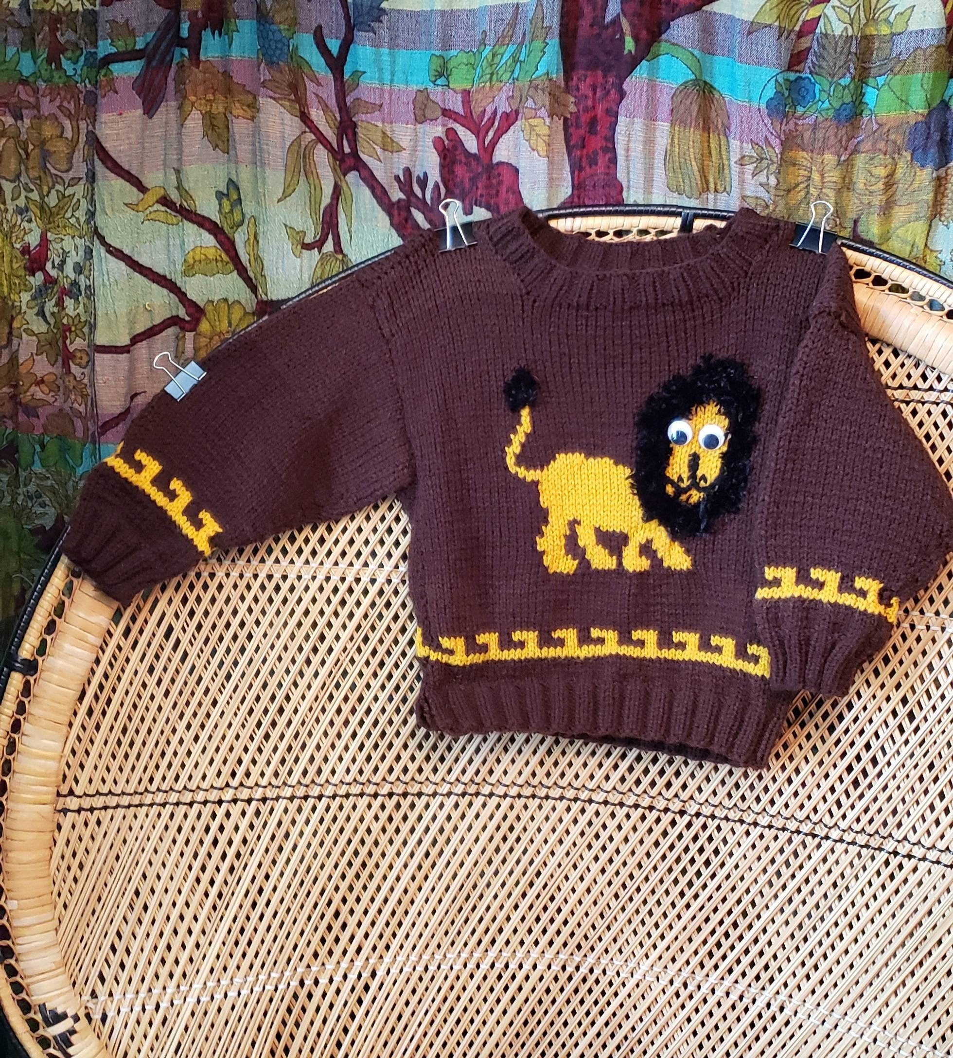 70s Hand Knit Lion Sweater with Googly Eyes Kids Lg - Image 4