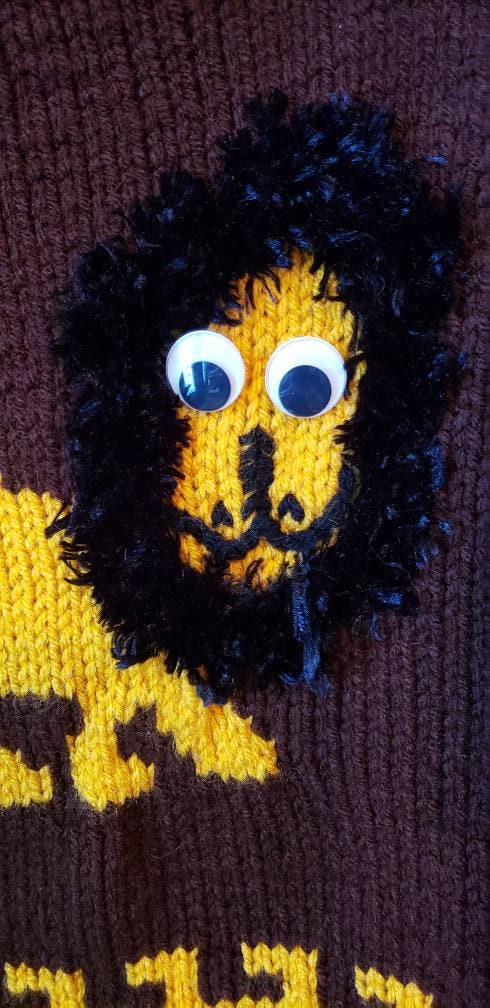 70s Hand Knit Lion Sweater with Googly Eyes Kids Lg - Image 7