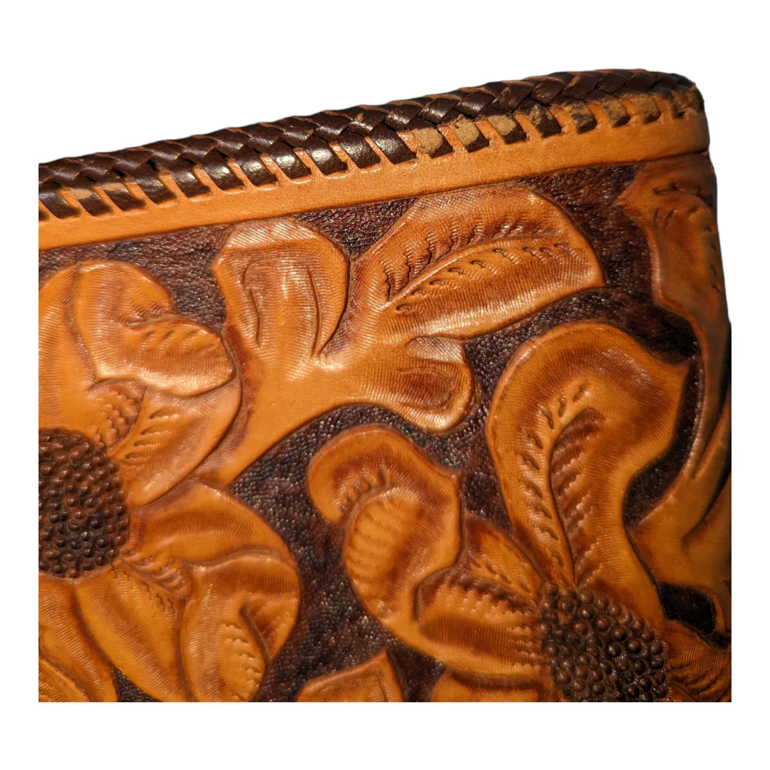 70s Hand Tooled Leather Hand Bag Floral Leaf Pattern - Image 5