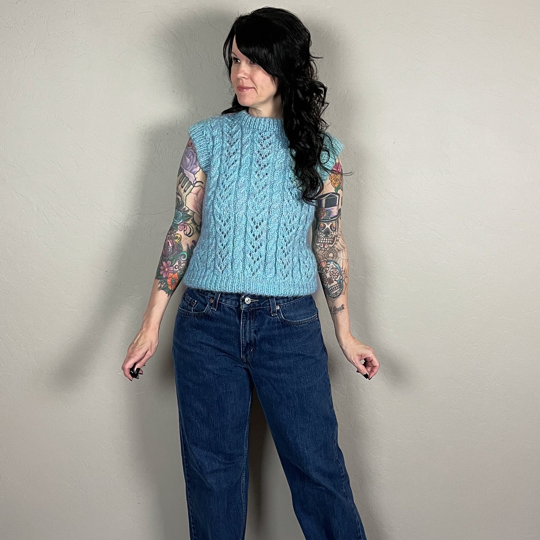 70s Handmade Blue Crop Chunky Cable Knit Sweater Vest - Image 5