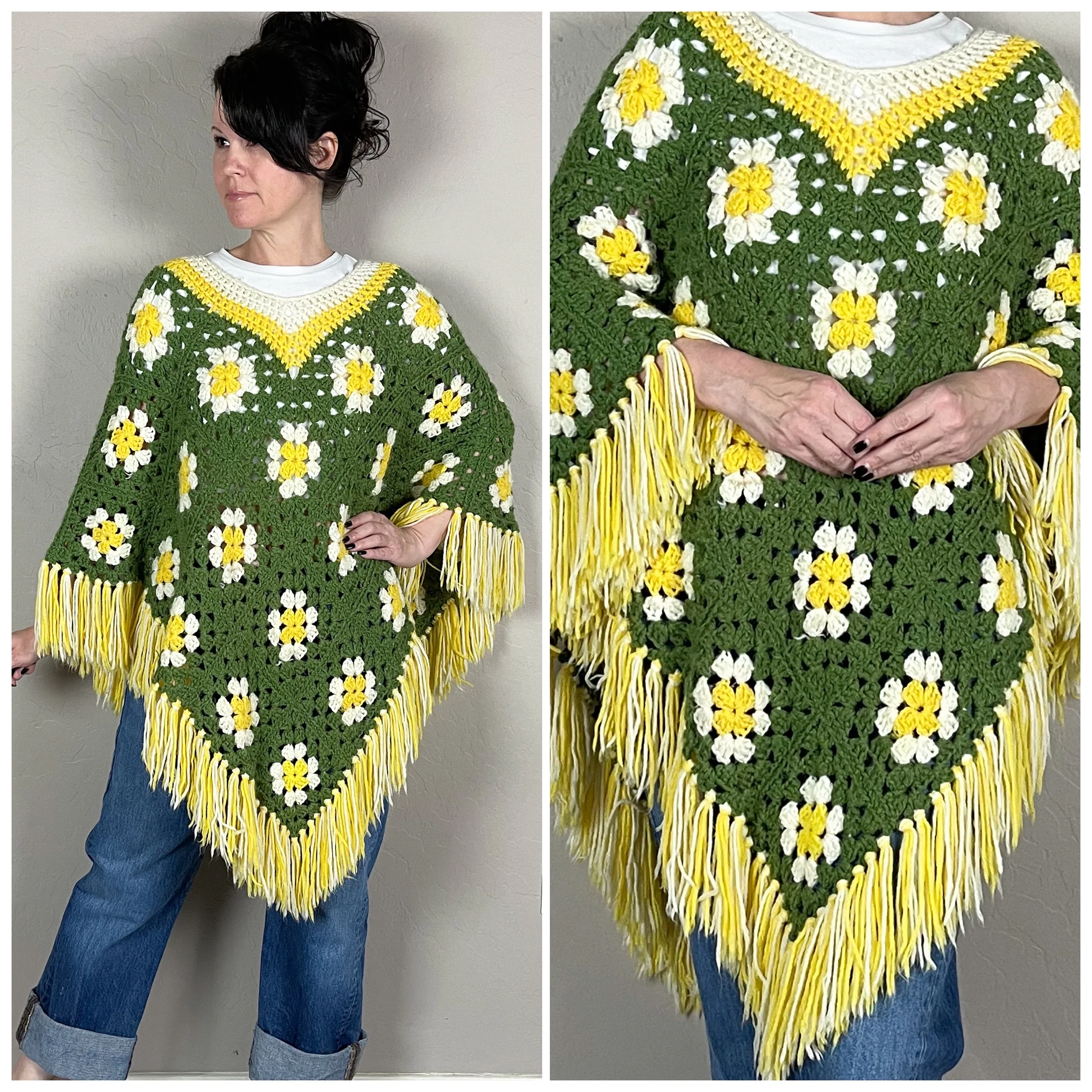 70s Handmade Granny Square Fringe Poncho - Image 2