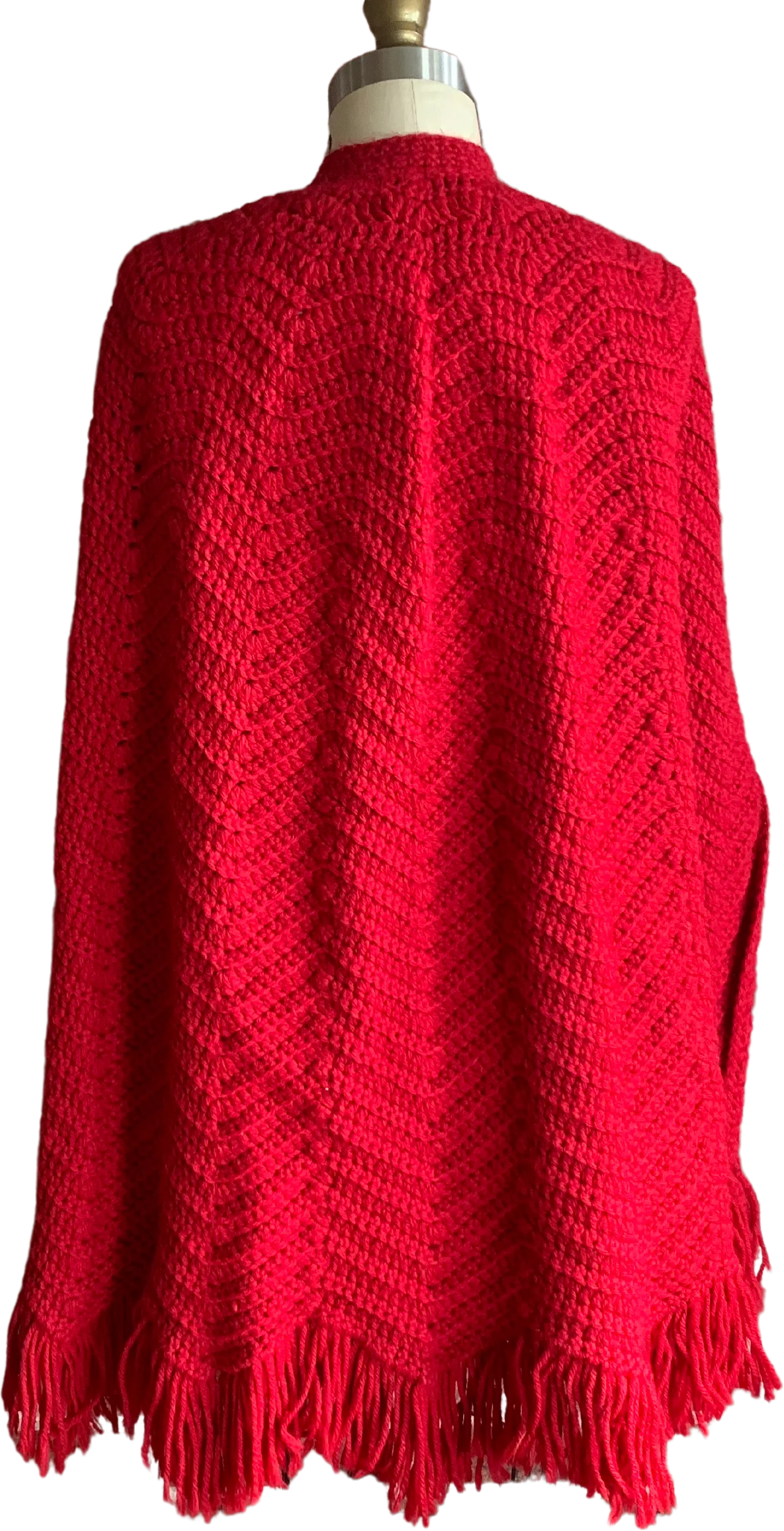 70s Handmade Red Acrylic Button Front Fringe Poncho - Image 2
