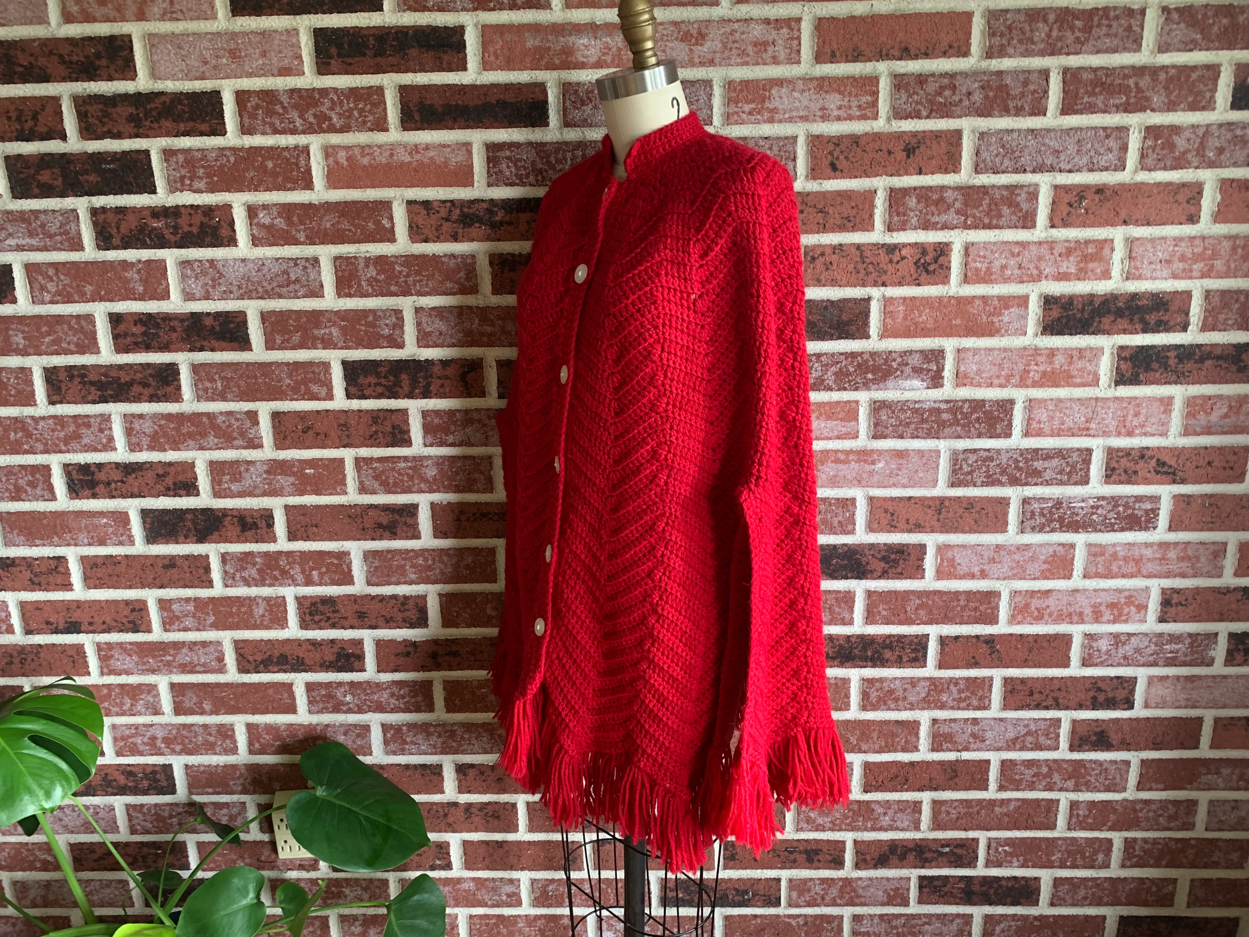 70s Handmade Red Acrylic Button Front Fringe Poncho - Image 5