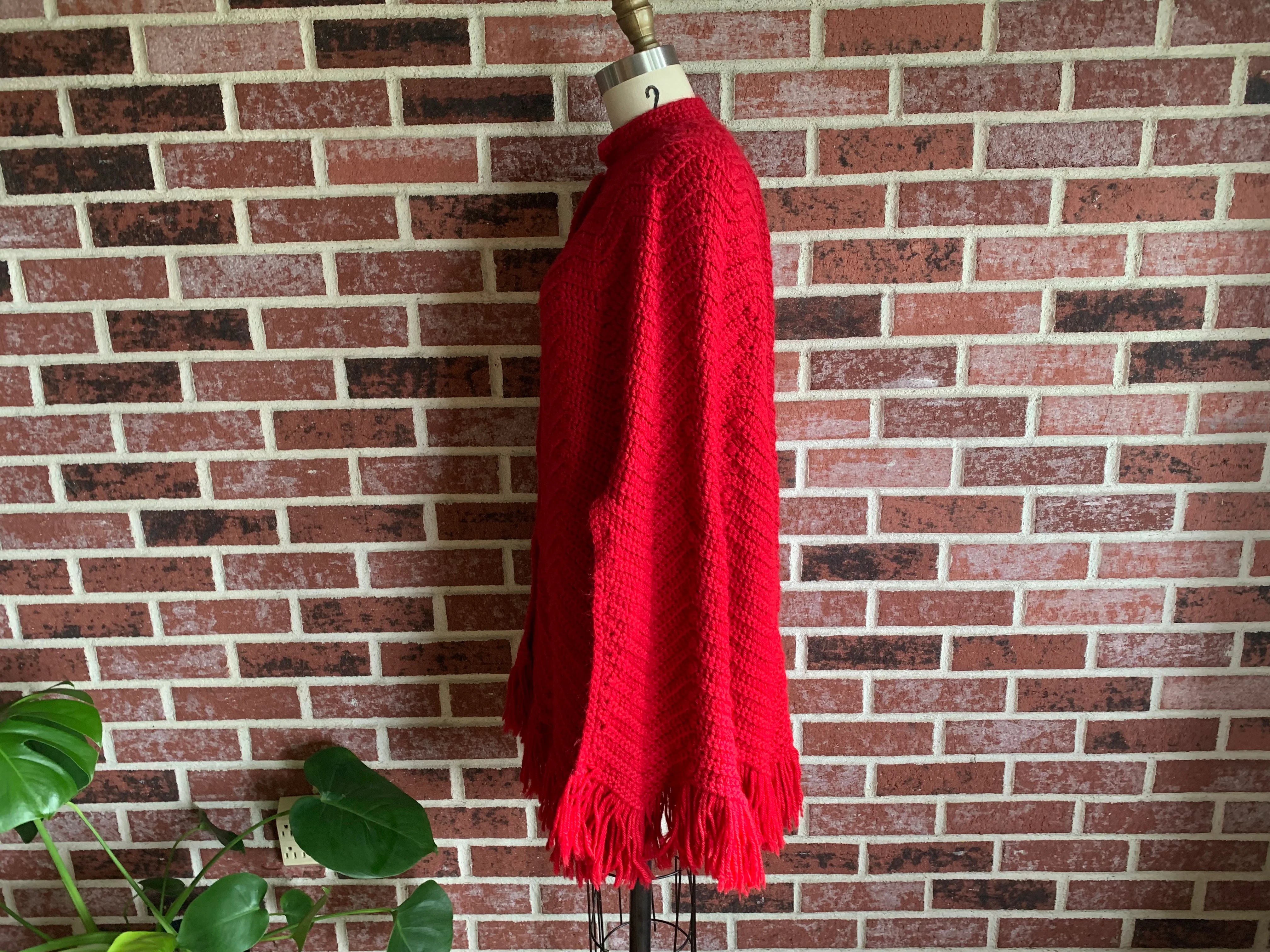 70s Handmade Red Acrylic Button Front Fringe Poncho - Image 6
