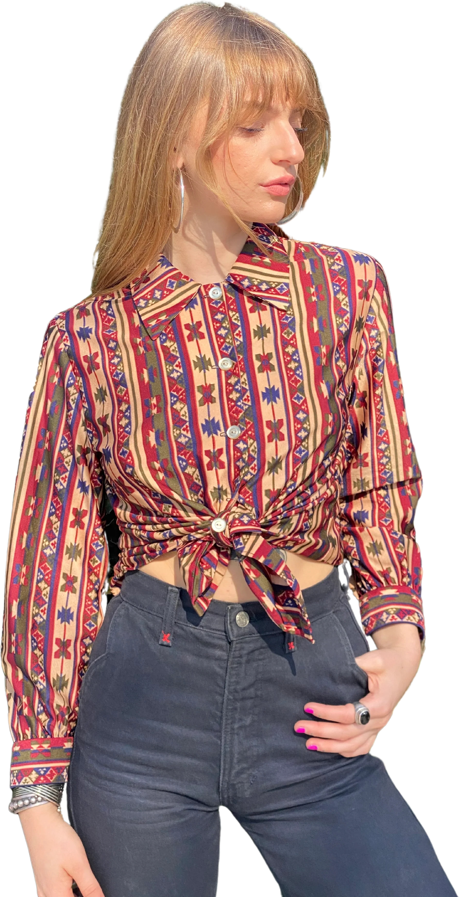 70s Handmade Western Print Button Up Long Sleeve Shirt