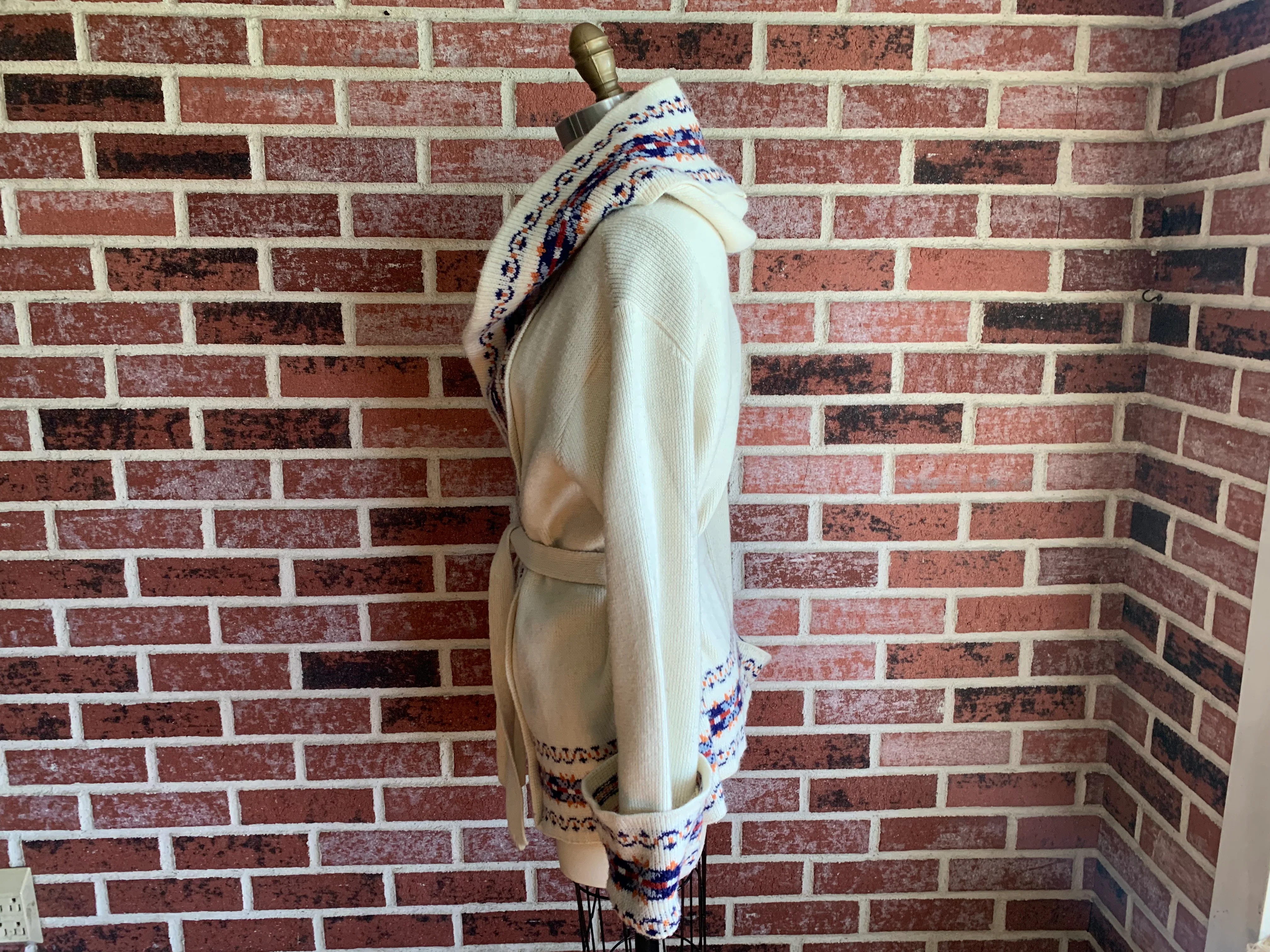 70s Heavy Ivory Blue And Rust Hooded Belted Sweater By Herald House - Image 4