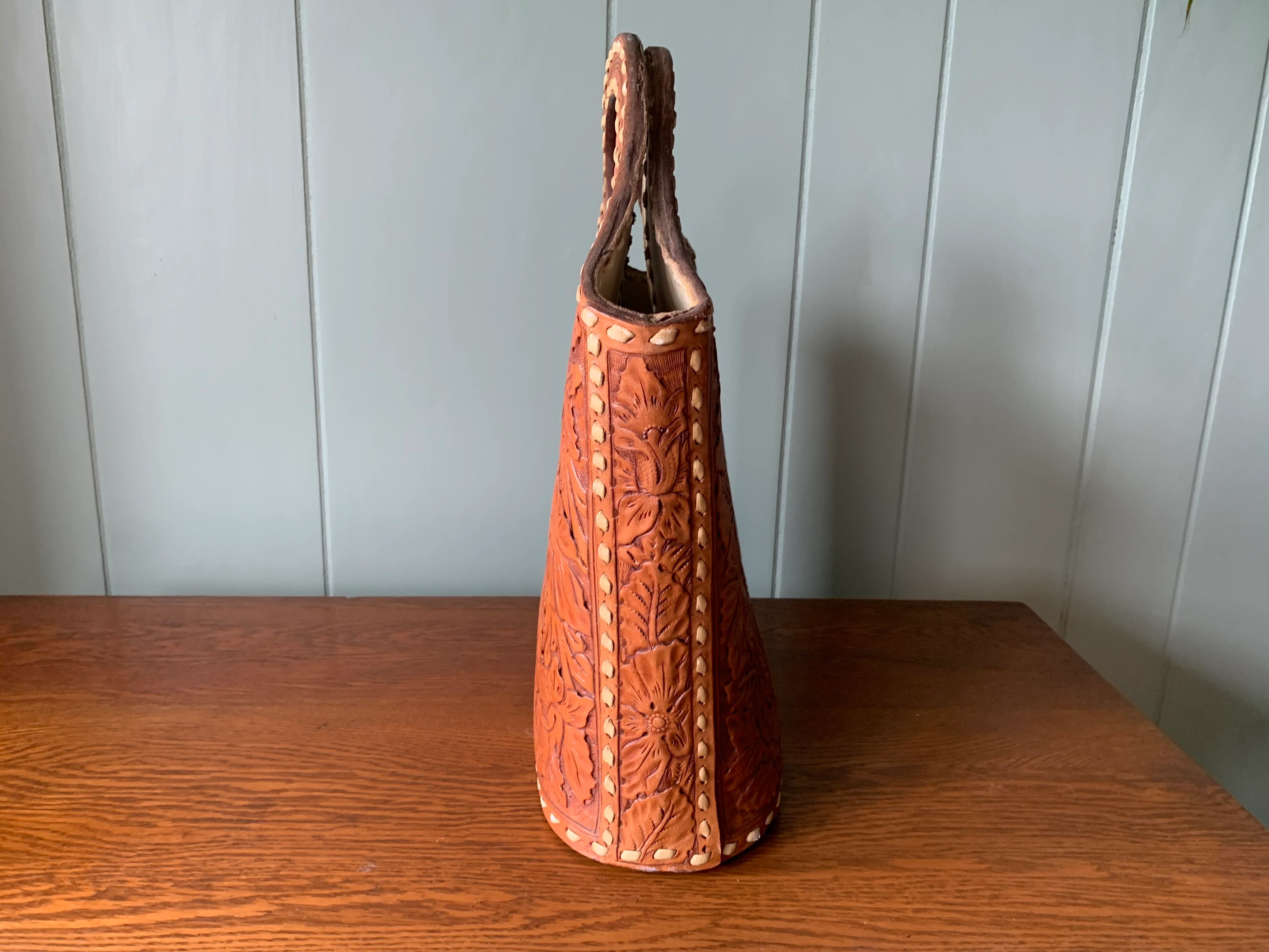70s Heavy Tooled Leather Bucket Bag by EC Gillispie - Image 6