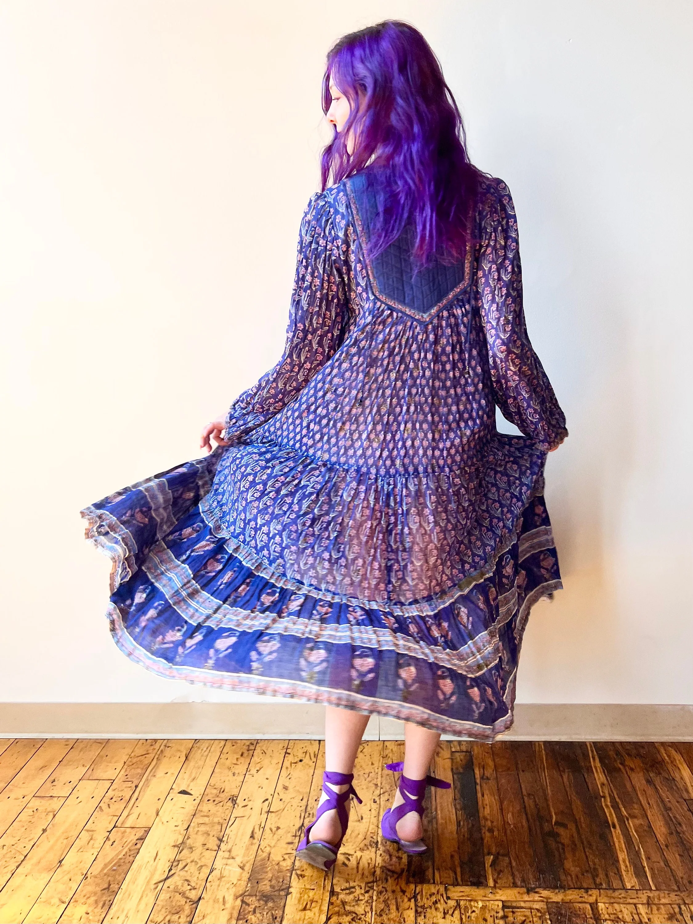 70s Her Excellency Indigo Cotton Squash Blossom Midi Dress Yolk - Image 5
