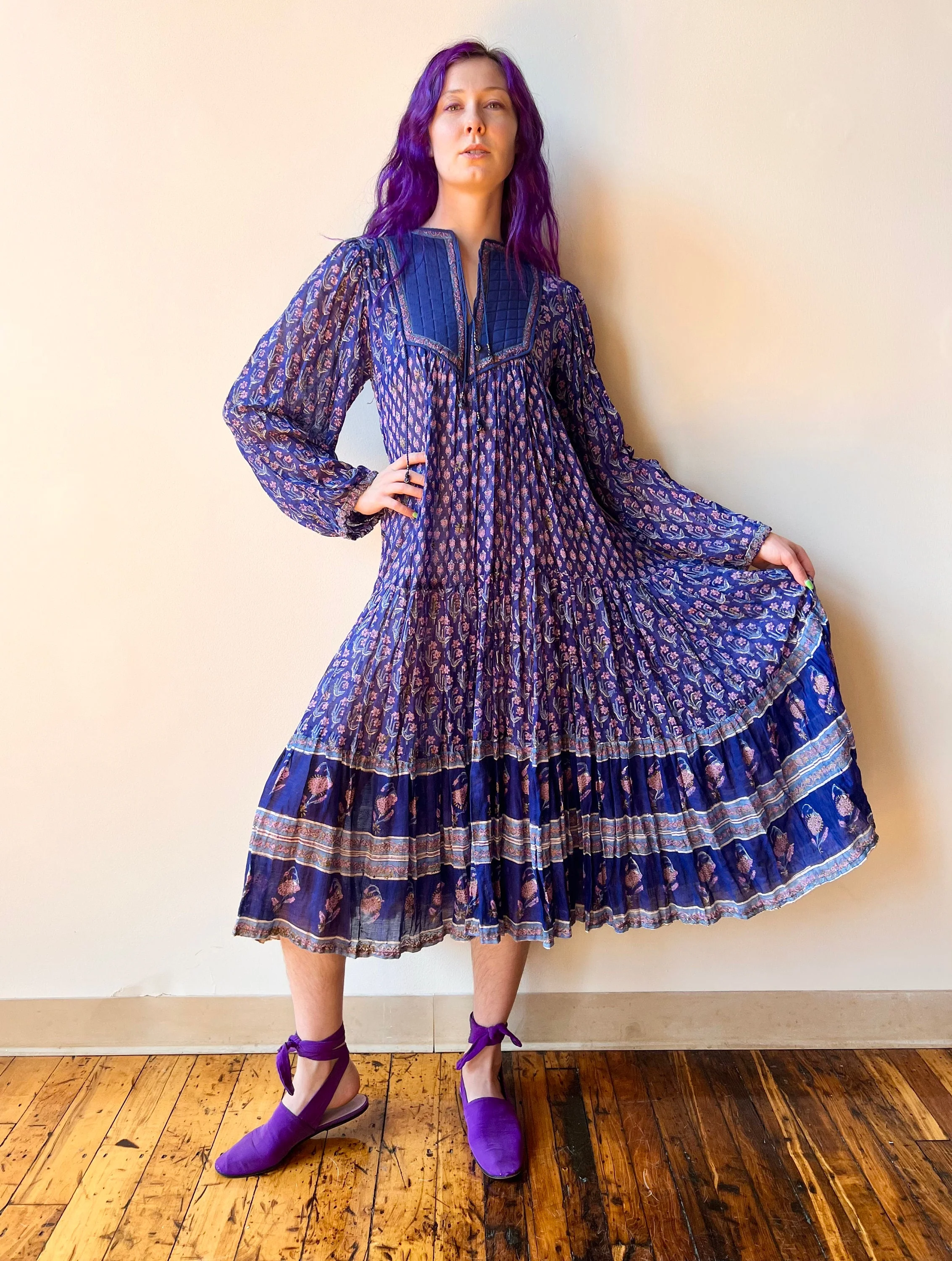 70s Her Excellency Indigo Cotton Squash Blossom Midi Dress Yolk - Image 7