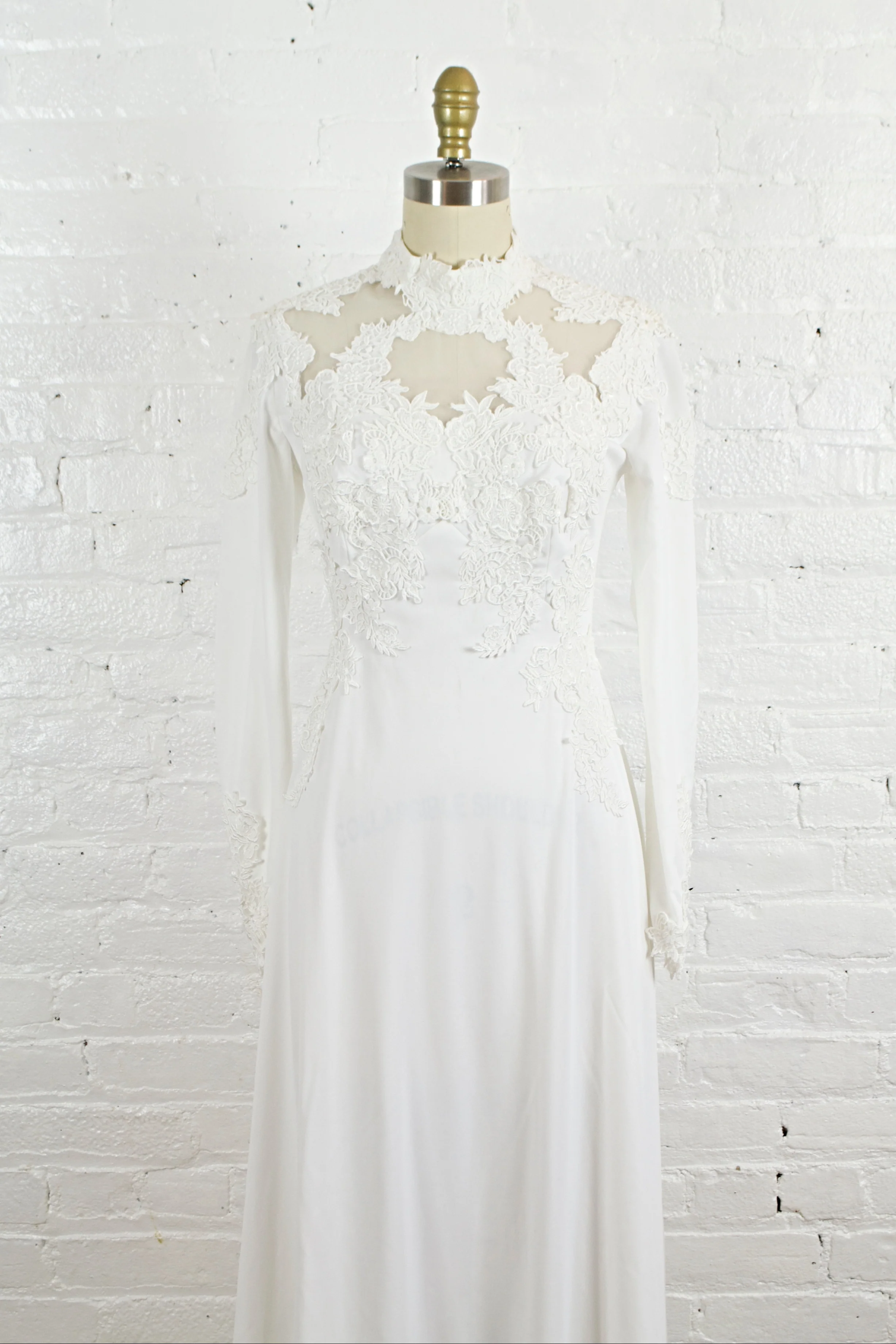 70s High Neck Wedding Gown With Long Sleeves - Image 7