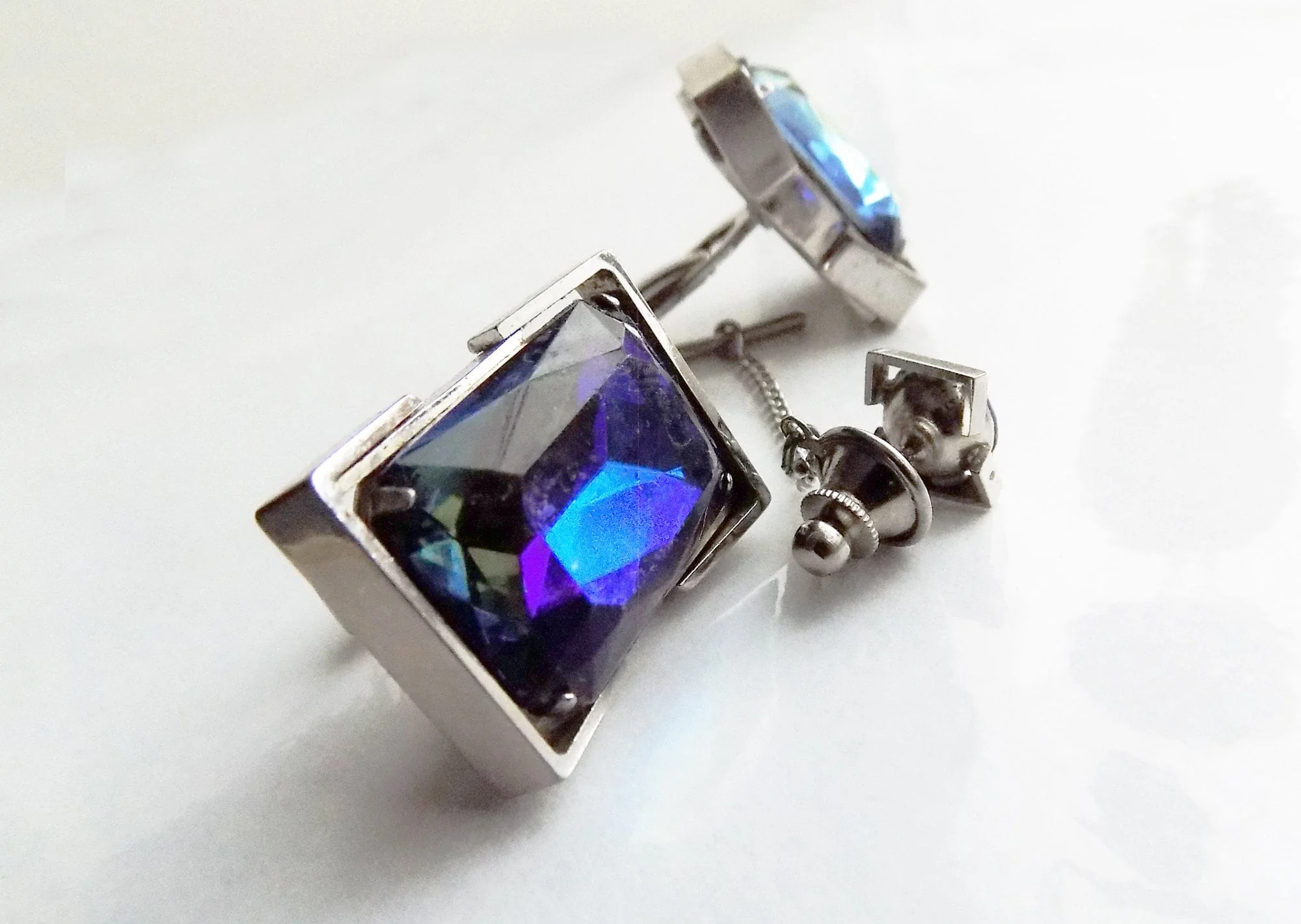 70s Huge Cuff Links and Tie Pin Blue Glass Disco Brutalist - Image 3