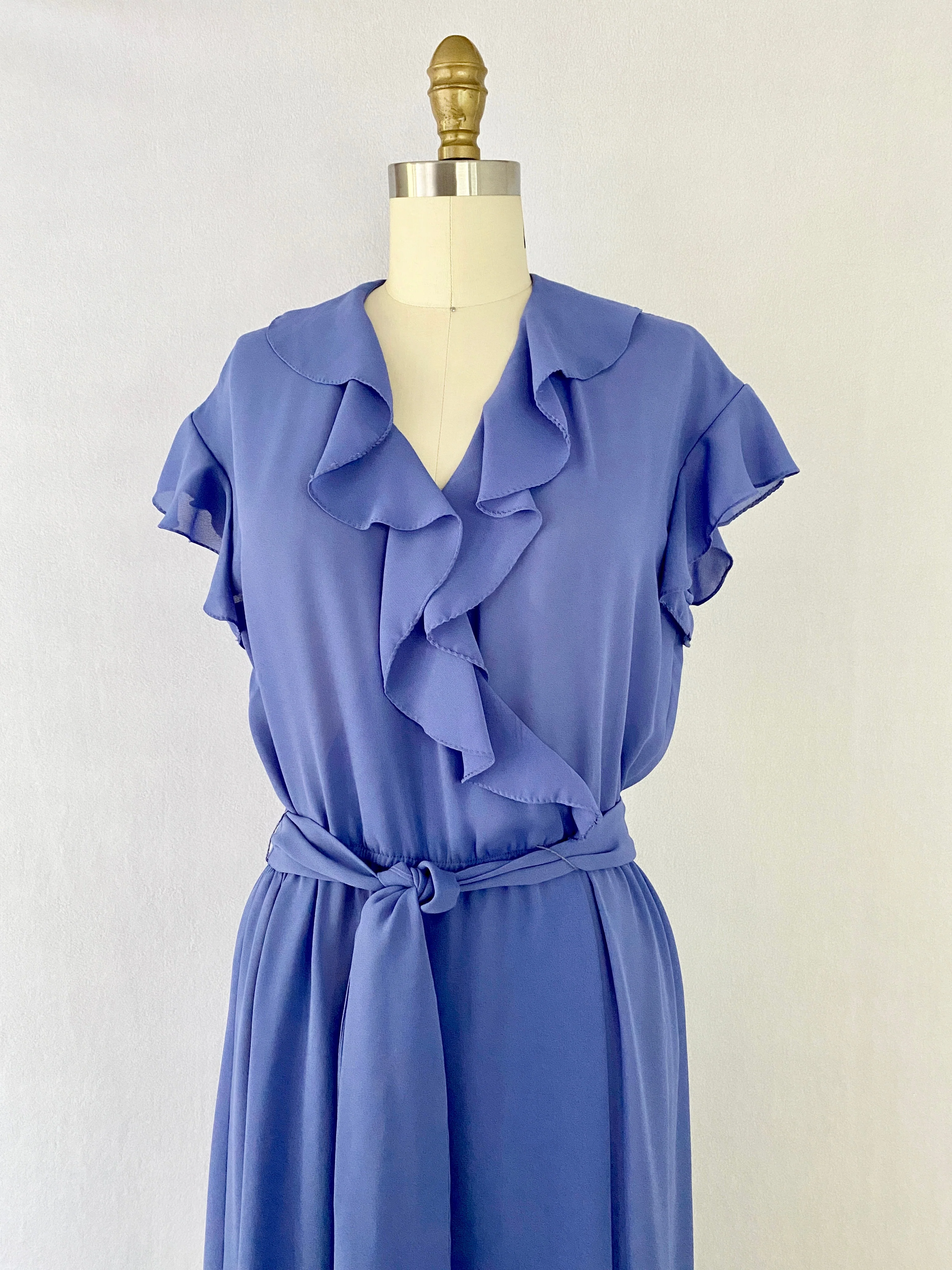 70s Indigo Faux-wrap Secretary Dress By R&K Originals - Image 4