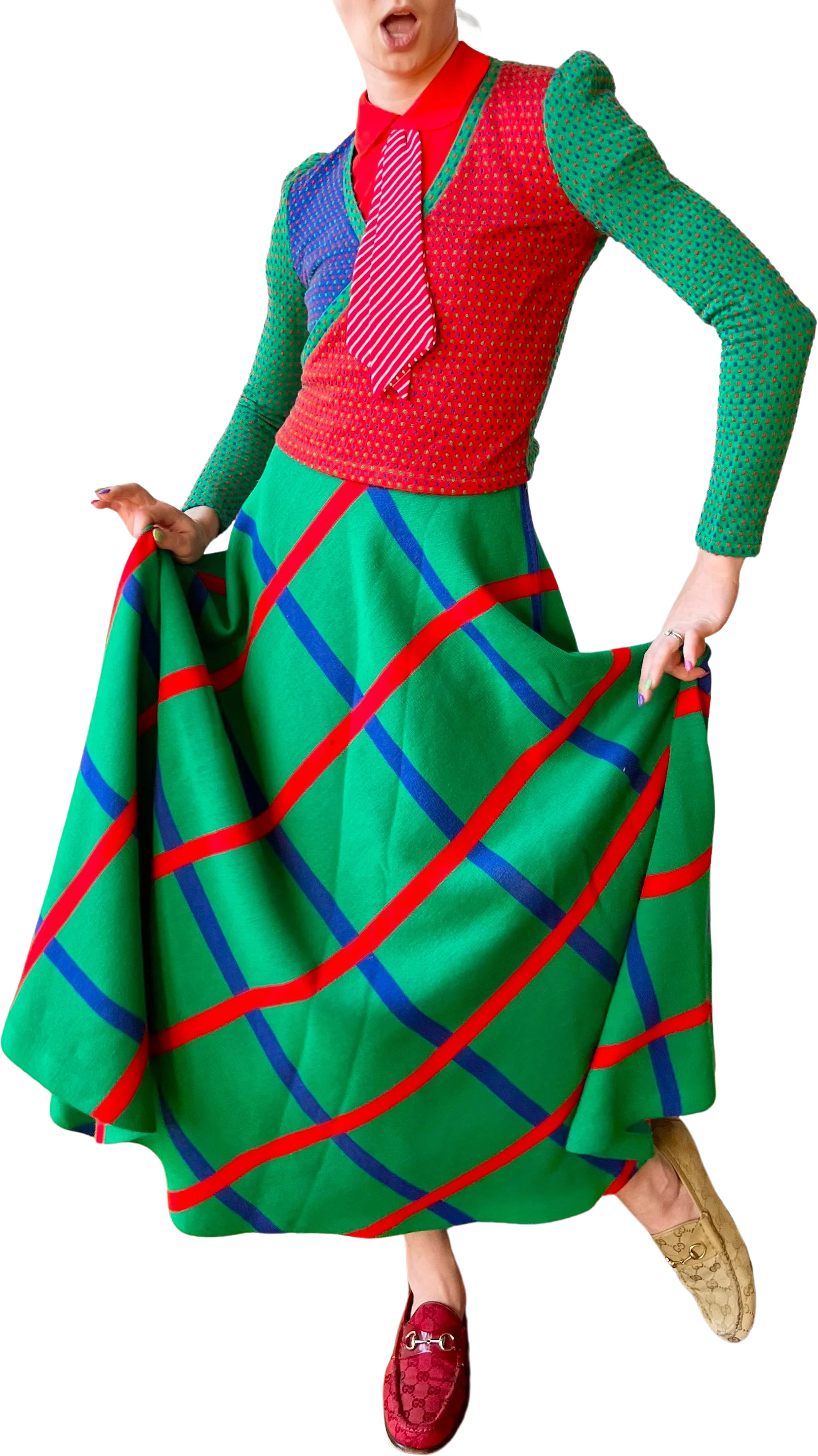 70s Italian Knit Sweater Wrap Top and Maxi Skirt Polka Dot Abstract Stripes Print Mix