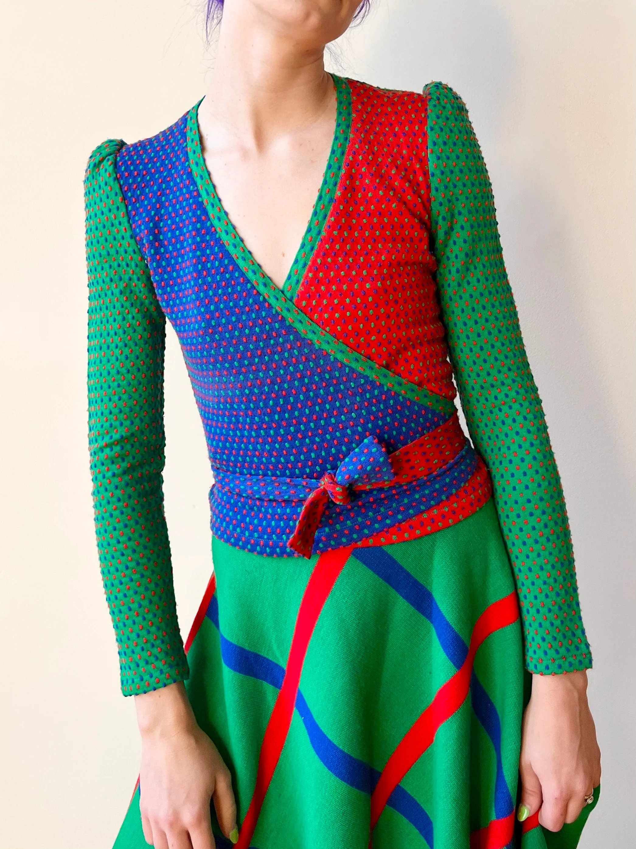 70s Italian Knit Sweater Wrap Top and Maxi Skirt Polka Dot Abstract Stripes Print Mix - Image 3