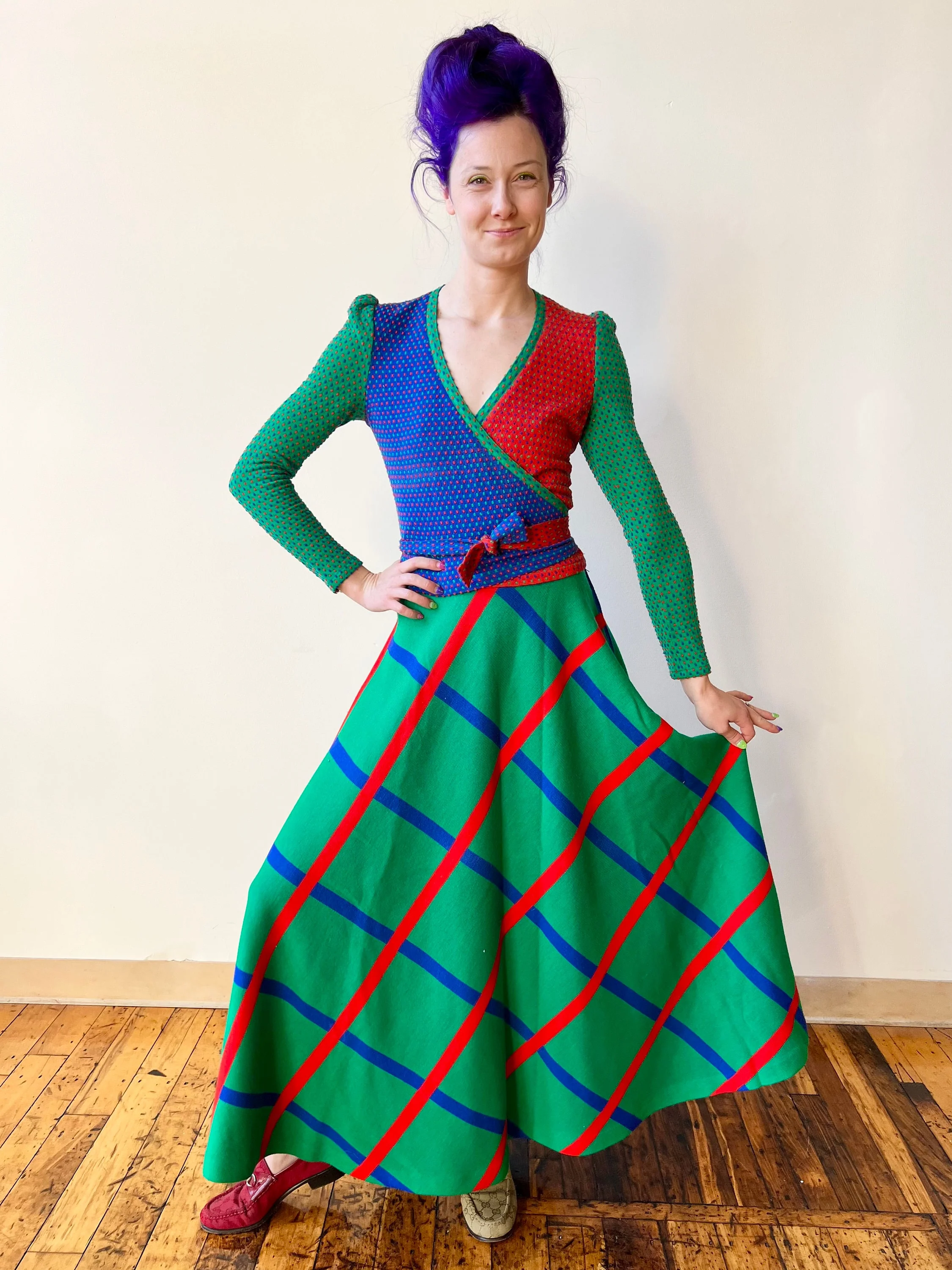 70s Italian Knit Sweater Wrap Top and Maxi Skirt Polka Dot Abstract Stripes Print Mix - Image 5