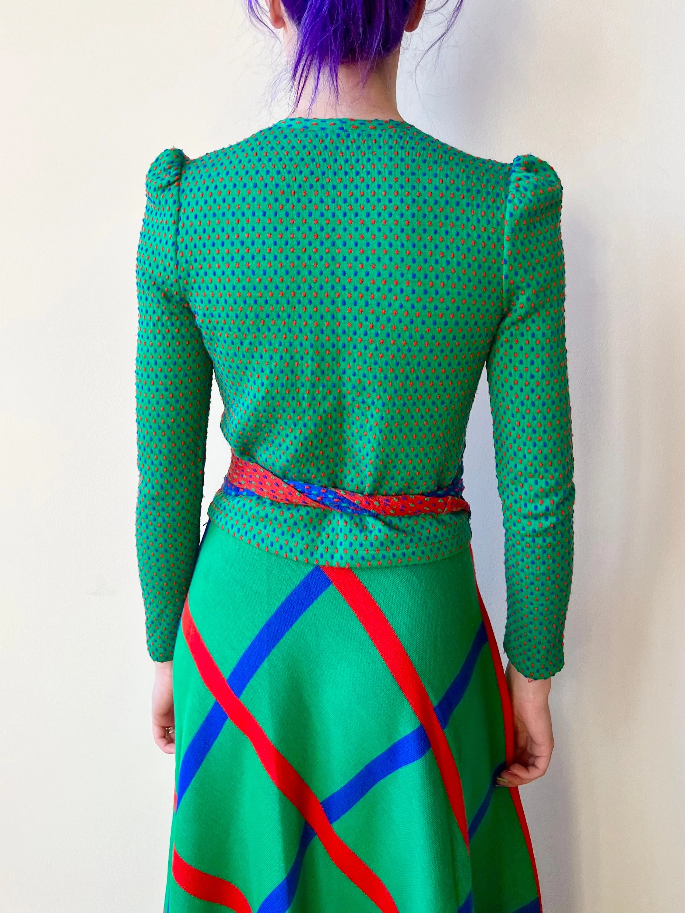 70s Italian Knit Sweater Wrap Top and Maxi Skirt Polka Dot Abstract Stripes Print Mix - Image 6