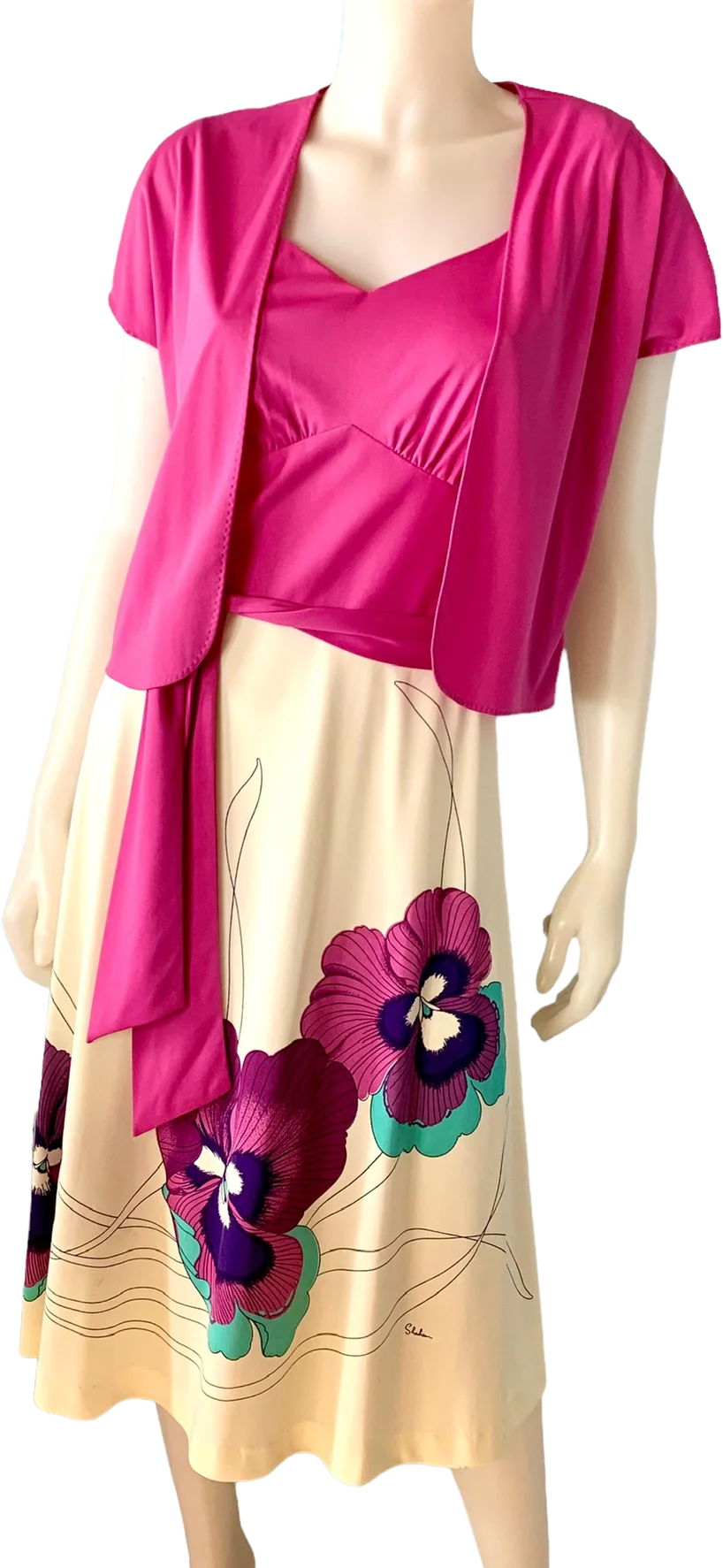 70s Jacket Dress Pansy Frangipani Floral With Sash By Alfred Shaheen