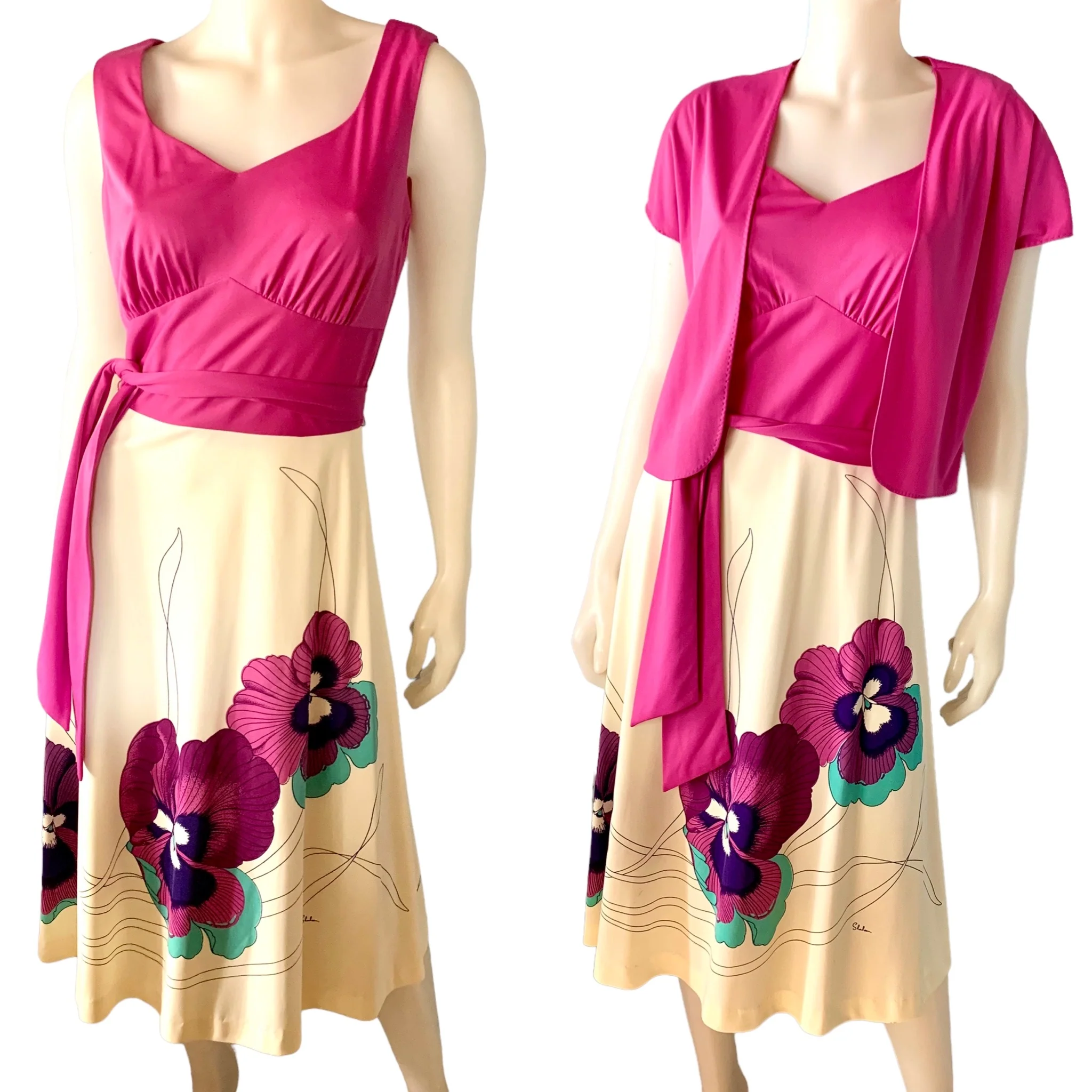 70s Jacket Dress Pansy Frangipani Floral With Sash By Alfred Shaheen - Image 3