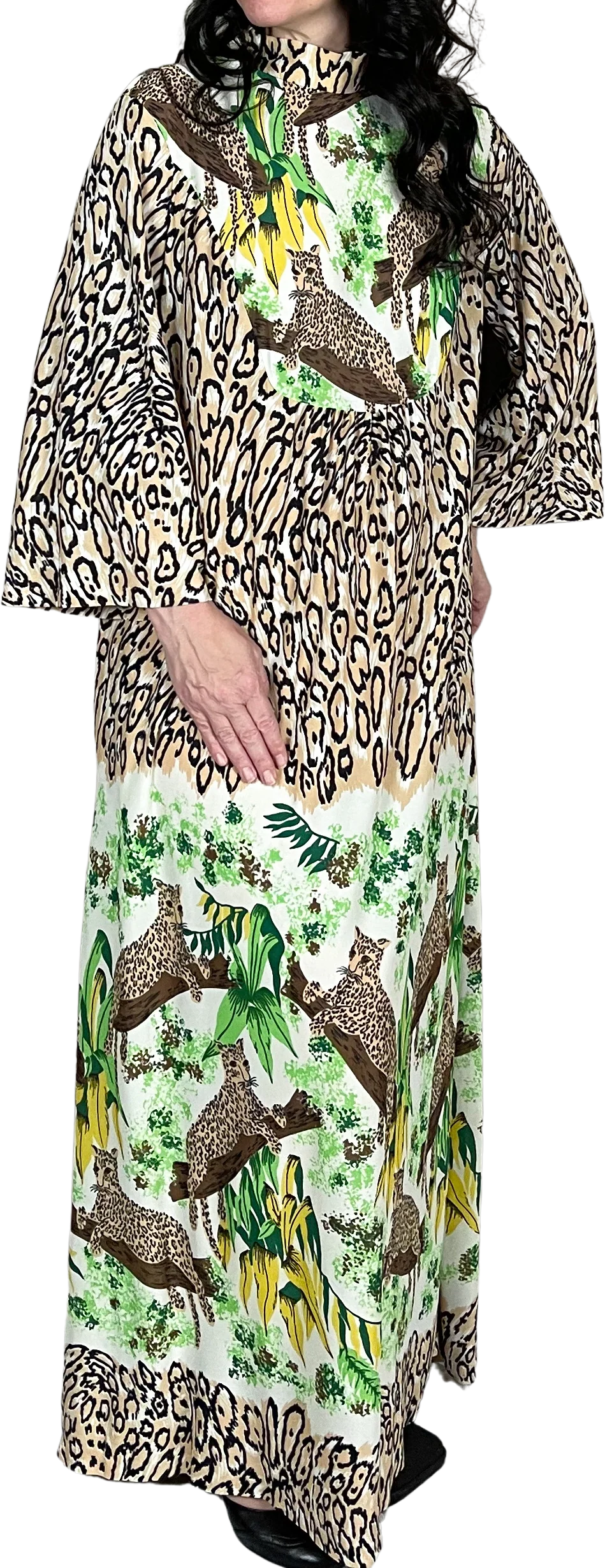70s Jaguar Print Bell Sleeve Caftan Dress