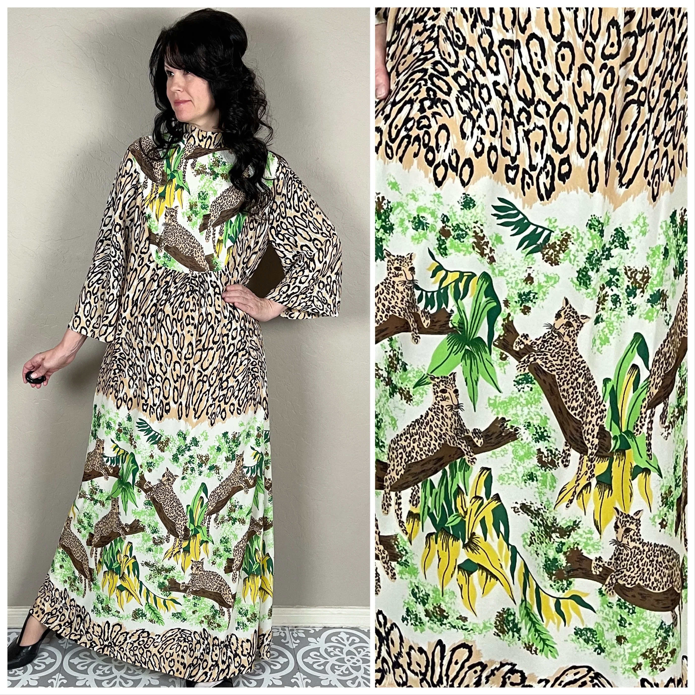 70s Jaguar Print Bell Sleeve Caftan Dress - Image 2